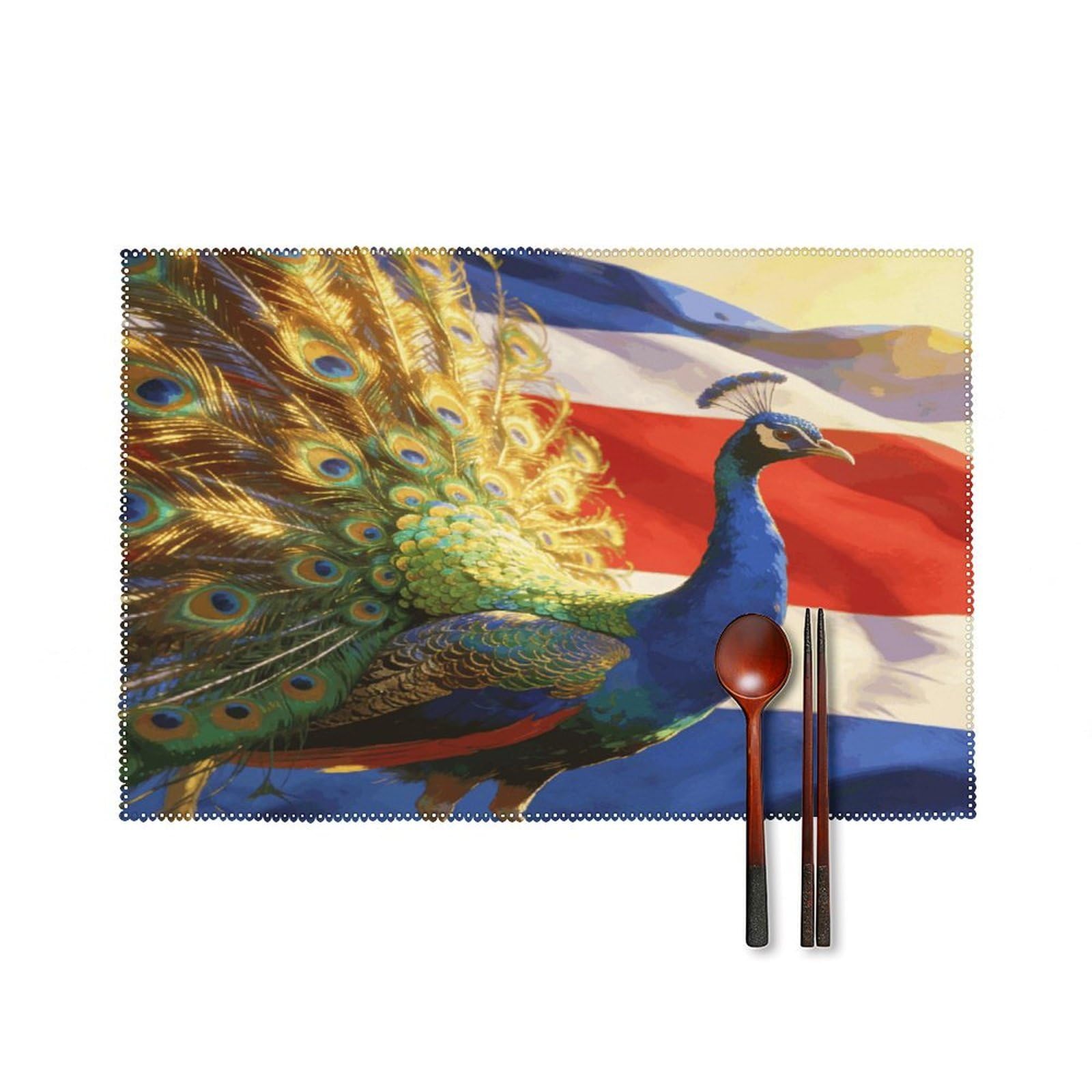 Khauerbc Style Colorful Peacock And National Flag Placemats Set Of 6,Decorating The Dining Table，Canvas Washable Table Mats，Wipe Clean Anti Slip Dining Table Place Mats For Party Kitchen Dining Decoration