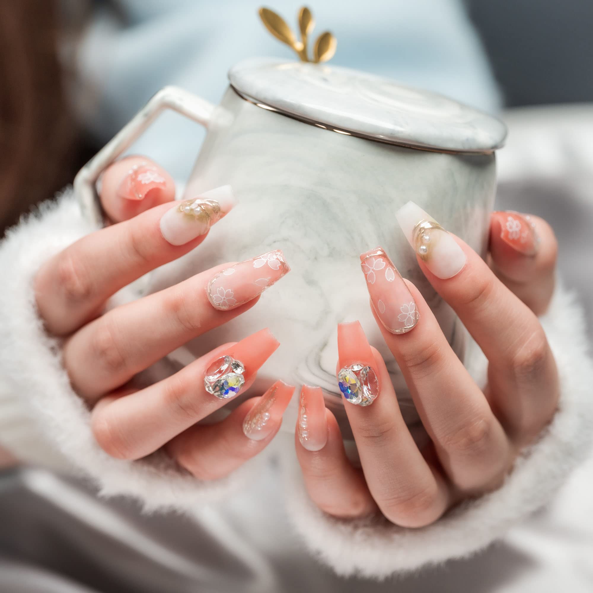 Sun&Beam Nails Handmade Press On Nail Long Coffin Ballerina Pink Flower Acrylic Fake Tip 3D Design Art Charms Cute with Storage Box 10 Pcs (S) — view 362