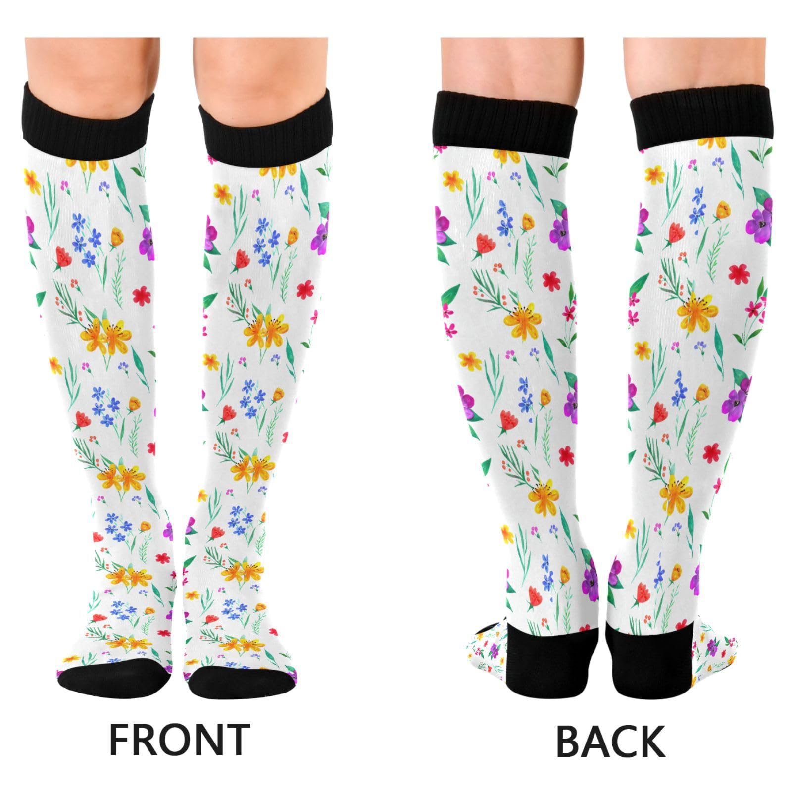 Wassud Watercolor Flowers Compression Socks for Women and Men 20-30 mmHg Knee High Socks for Nurses Travel Socks 2 Pair