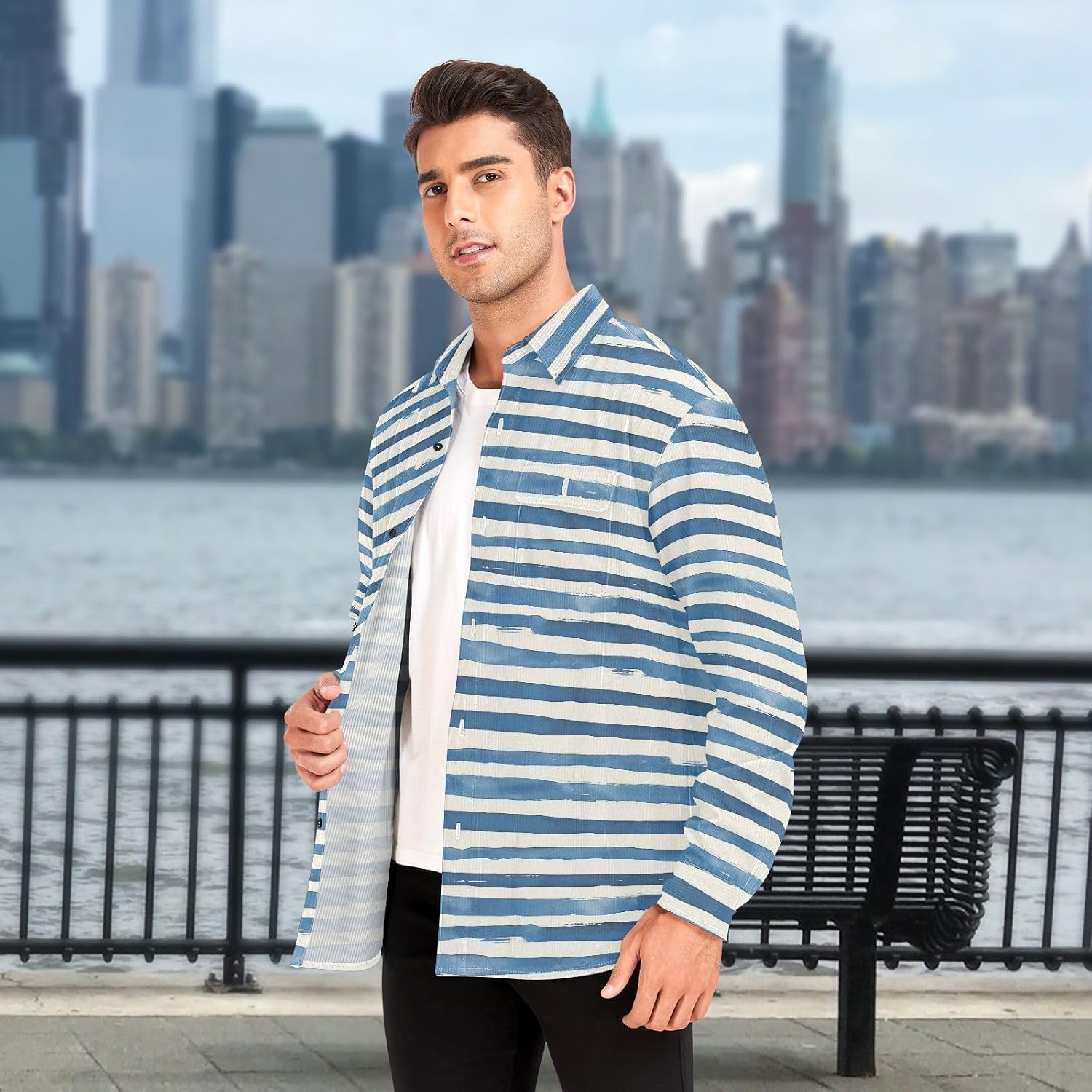KLL Navy Blue and White Stripes Men Women Cotton Rugby Shirts Party Long Sleeve Work Outfits