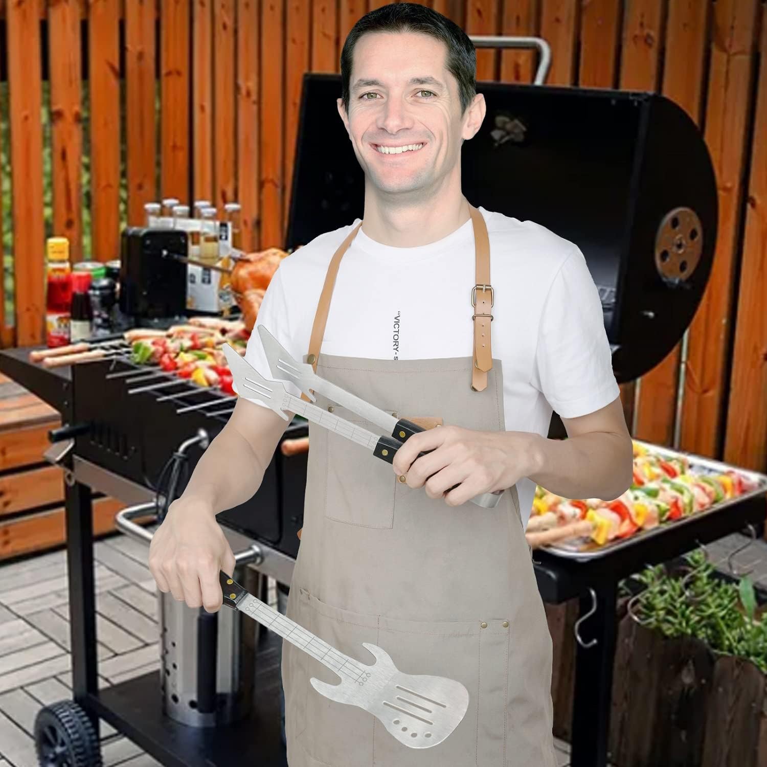 Rock Guitar Style Heavy Duty Stainless Steel 2-Piece Barbecue Tool Set - Spatula & Tongs with Wooden Handle - Image 5