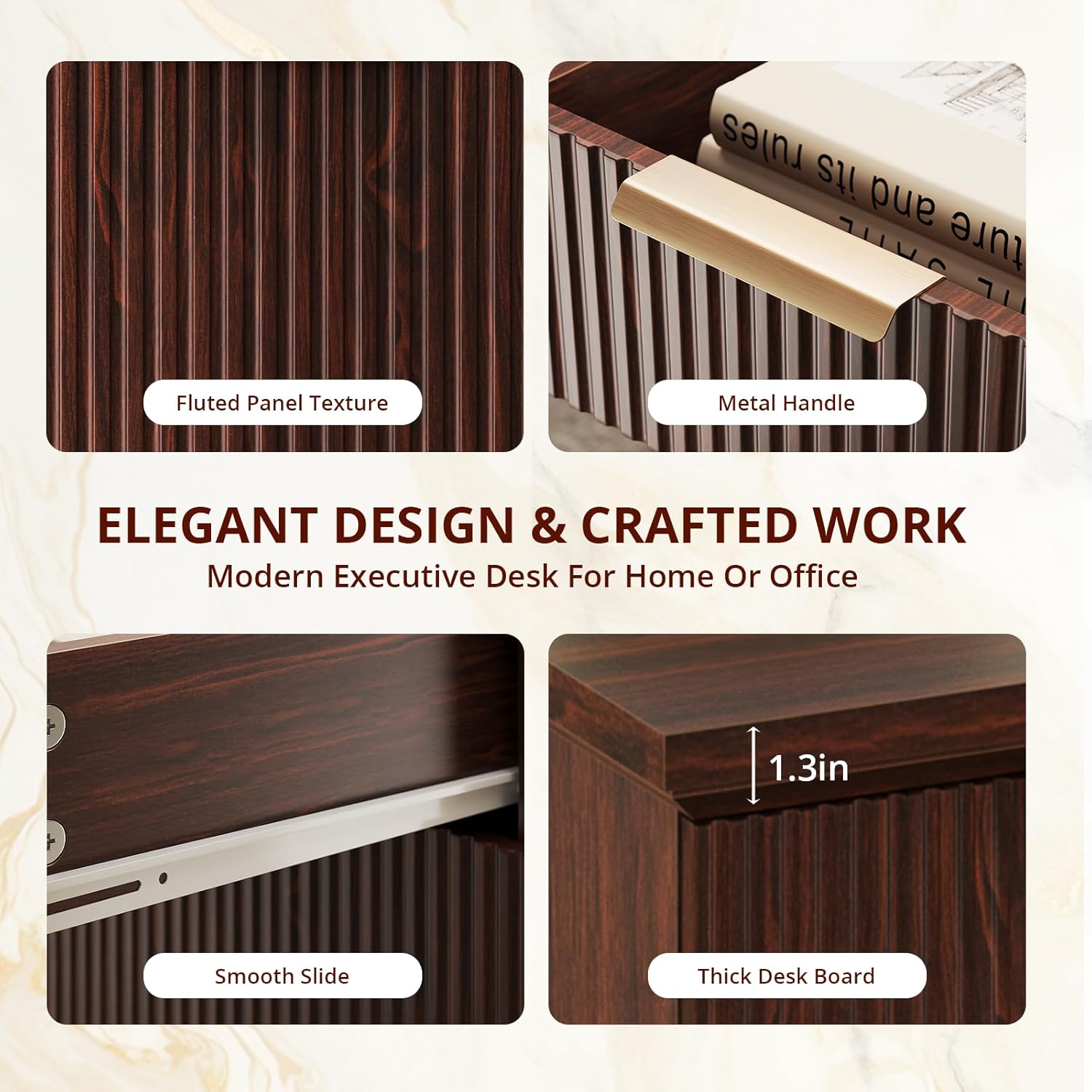 FURSUN 58" Fluted Modern Desk with Storage, Home Office Desk with 1 File Cabinet & 5 Drawers, Wood Executive Computer Writing Desk for Study, Living Room, Bedroom, Dark Walnut