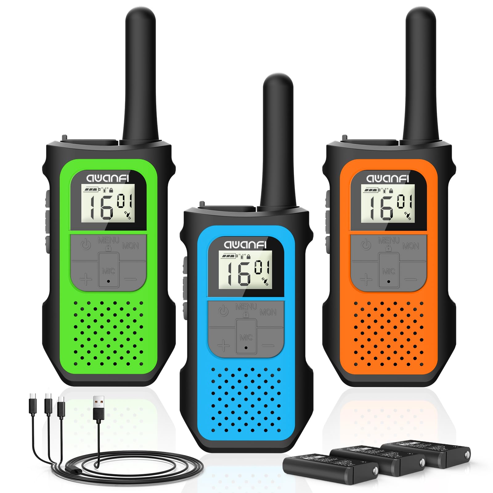 AWANFI Walkie Talkie Recargable con 1200mAh Batería, Walkie Talkie para Niños Adultos, 3 Piezas Walkie-Talkies, 16 Canales VOX, Walky Walky para Aventuras Camping Senderismo