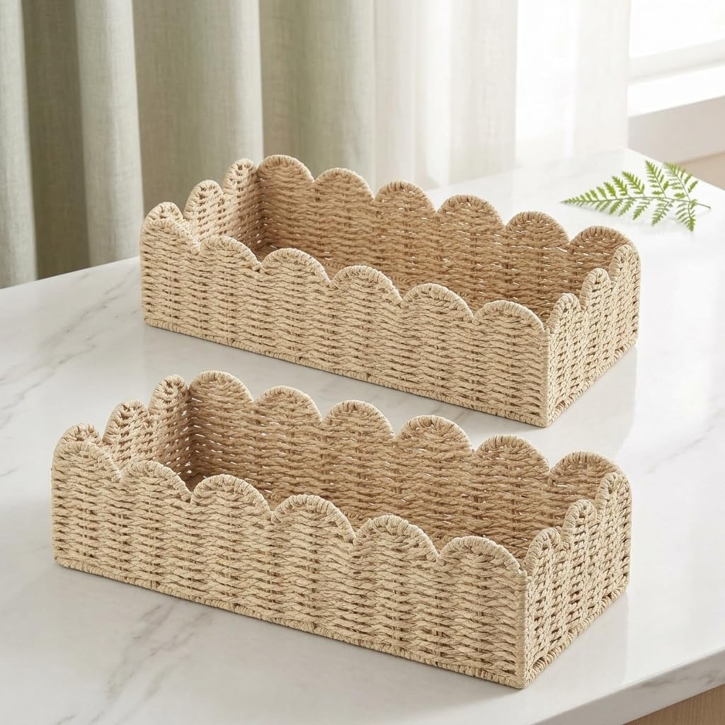 Scalloped Paper Rope Basket 2 Pack with Metal Frame for Toilet