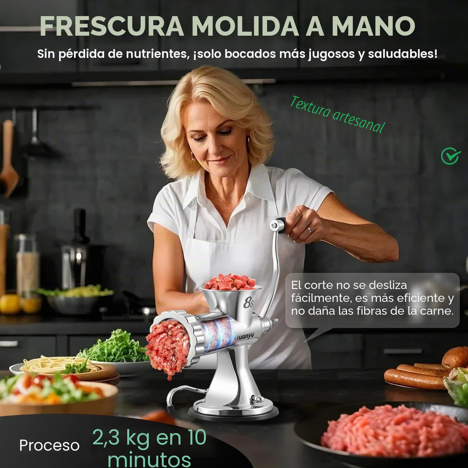 Huanyu Picadora manual de carne de acero inoxidable y máquina de salchichas, picadora manual de carne y cortador de verduras, apto para lavavajillas, tamaño 8s