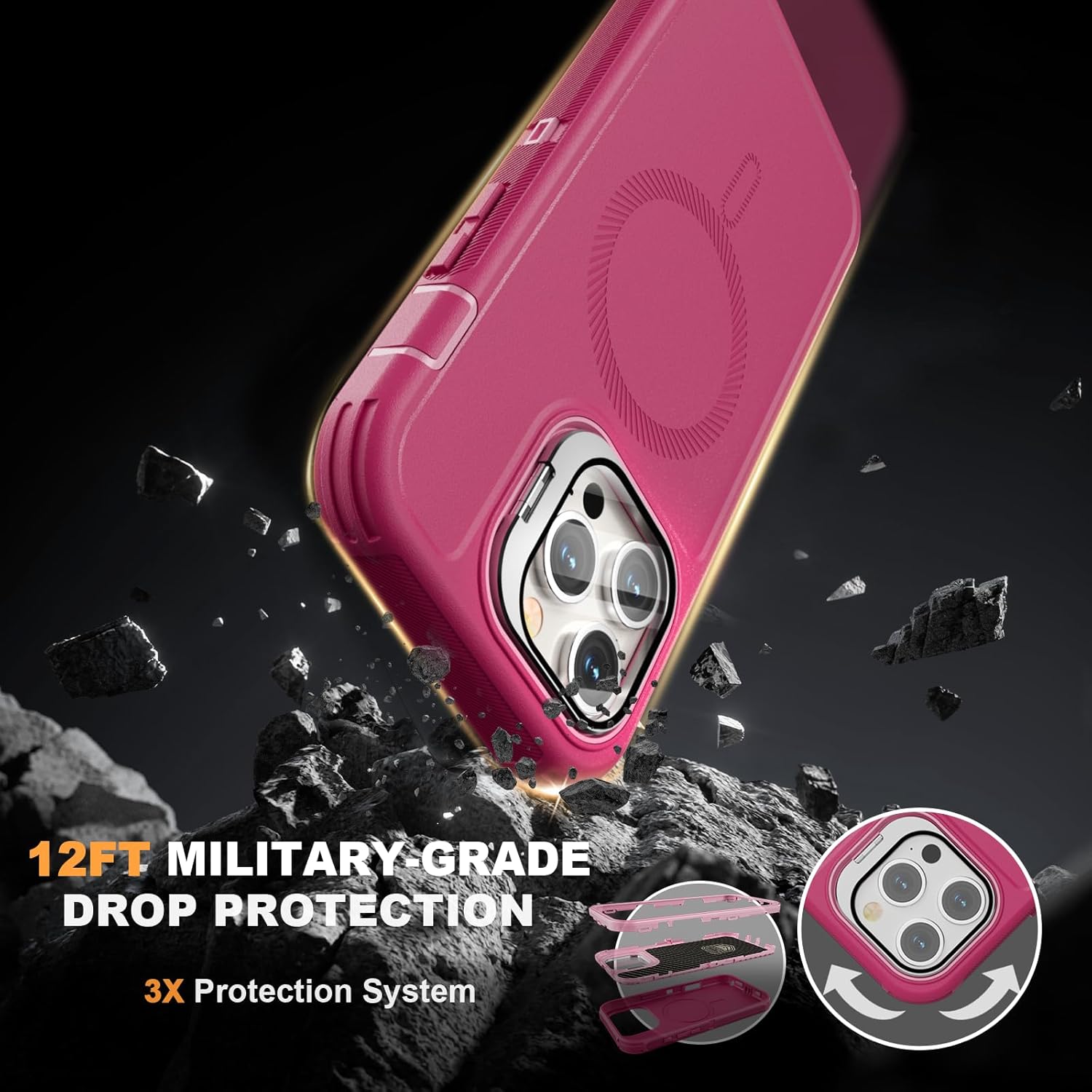 for iPhone 14 Pro Max Case with Stand & Built-in Camera Cover, MagSafe Compatible, Heavy-Duty Shockproof Protection, Magnetic & Rugged Phone Cover for iPhone 14 Pro Max 6.7'', Hot-Pink - Image 3