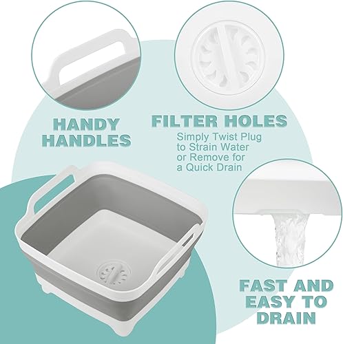 Miniatura 3 de Paquete de 2 sartenes para lavar platos, lavabo de 2.4 galones9 litros con asas de transporte de tapón de drenaje, cubo plegable para limpieza,