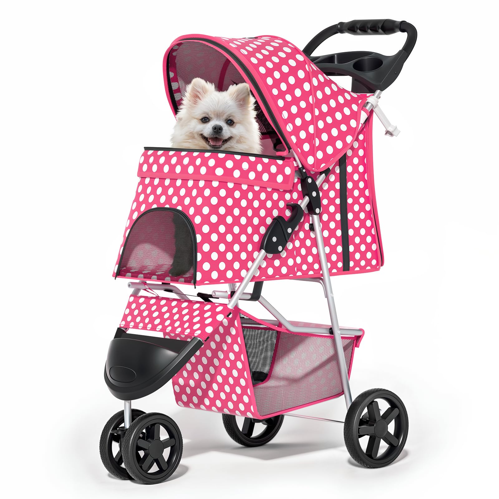 MoNiBloom 3 Wheels Pet Dog Cat Stroller for Small Medium Dogs Cats, Foldable Jogger Stroller w/Storage Basket and Cup Holder, Hot Pink Polka Dots