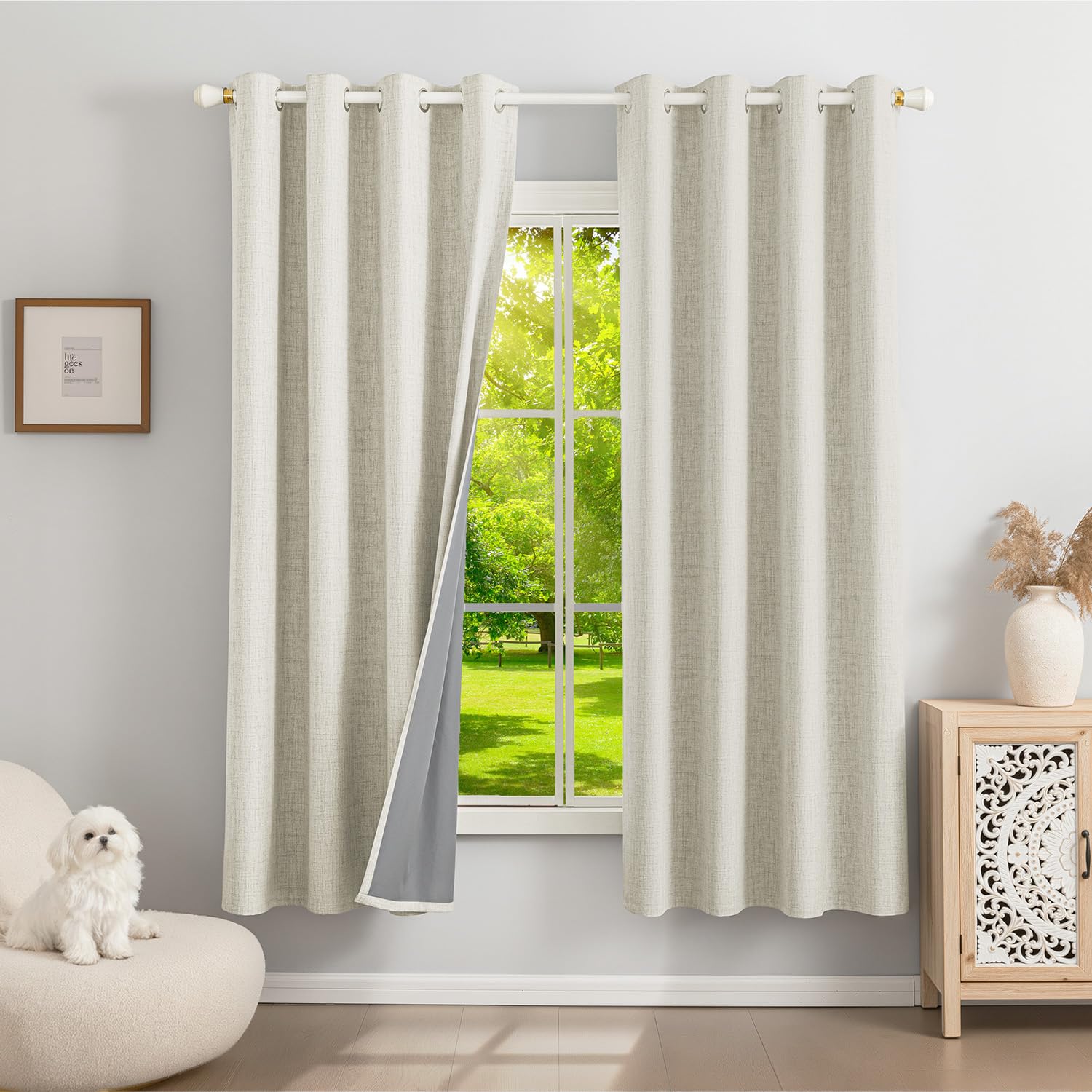Runyéla 100% Blackout Linen Curtains Eyelet 52 x 63 Inch Drop for Living Room Bedroom Kitchen Thermal Curtain 2 Panels Light Beige
