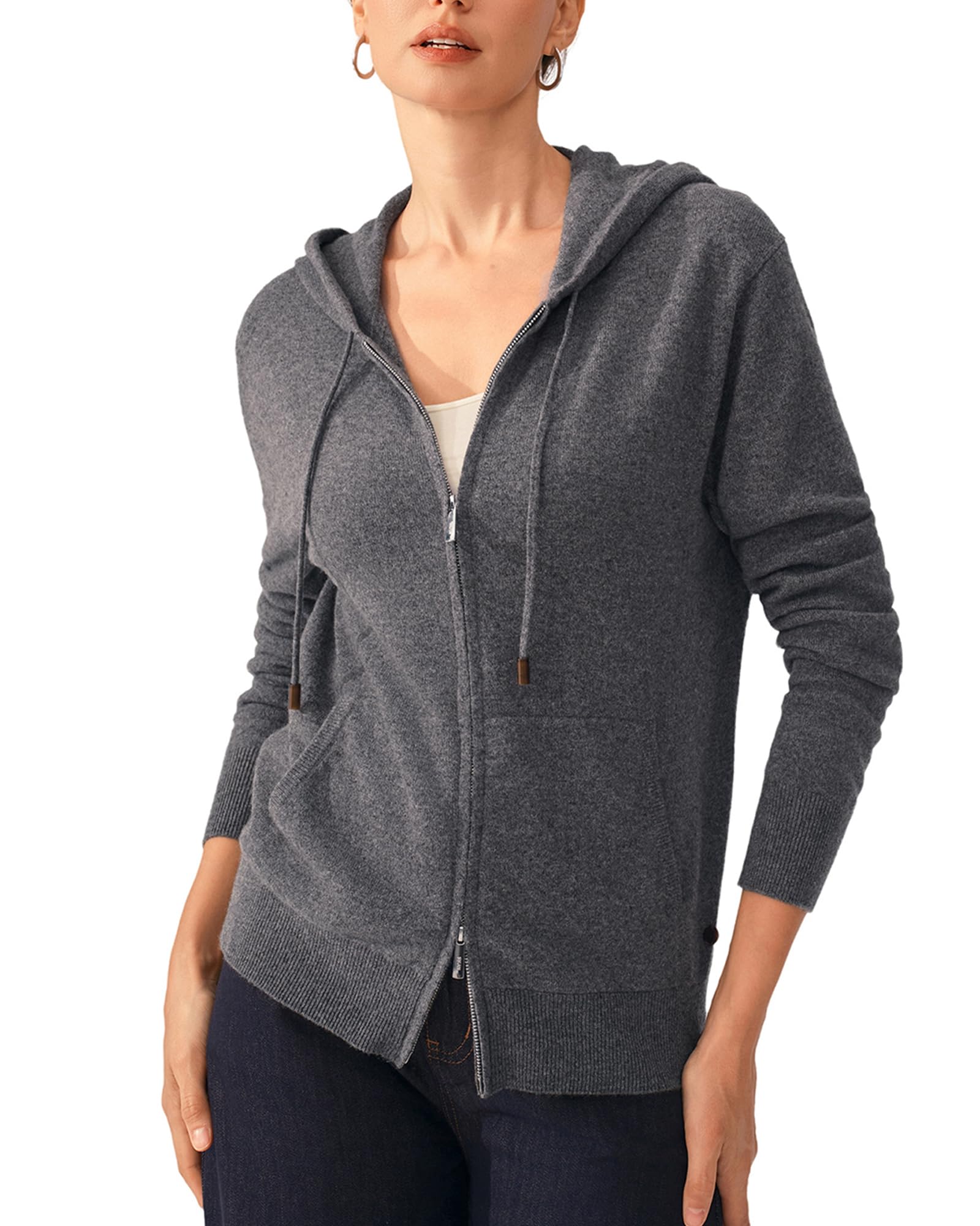 KVSS Womens 100 Pure Cashmere Hooded Cardigan Machine Washable Cashmere Zip Up Hoodie with Pocket Long Sleeve Cardigan