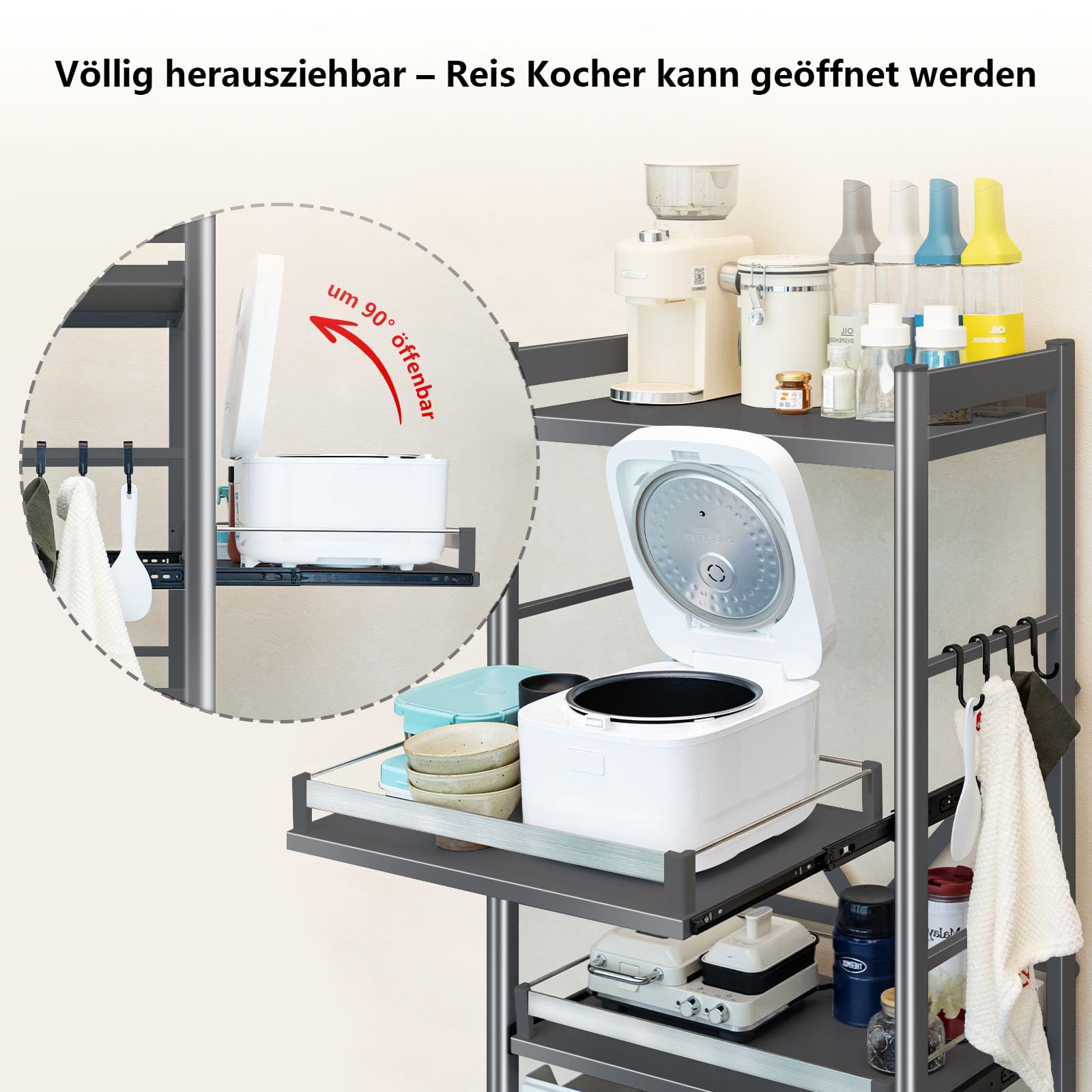 Standregal Küchenregal aus Kohlenstoffstahl, 200kg Tragkraft, 4 Ablagen Schmalregal mit Rollen & Arbeitsplatte, Stehendes Regal ohne Bohren für Küche, Wohnzimmer, Badezimmer, Breite 60cm