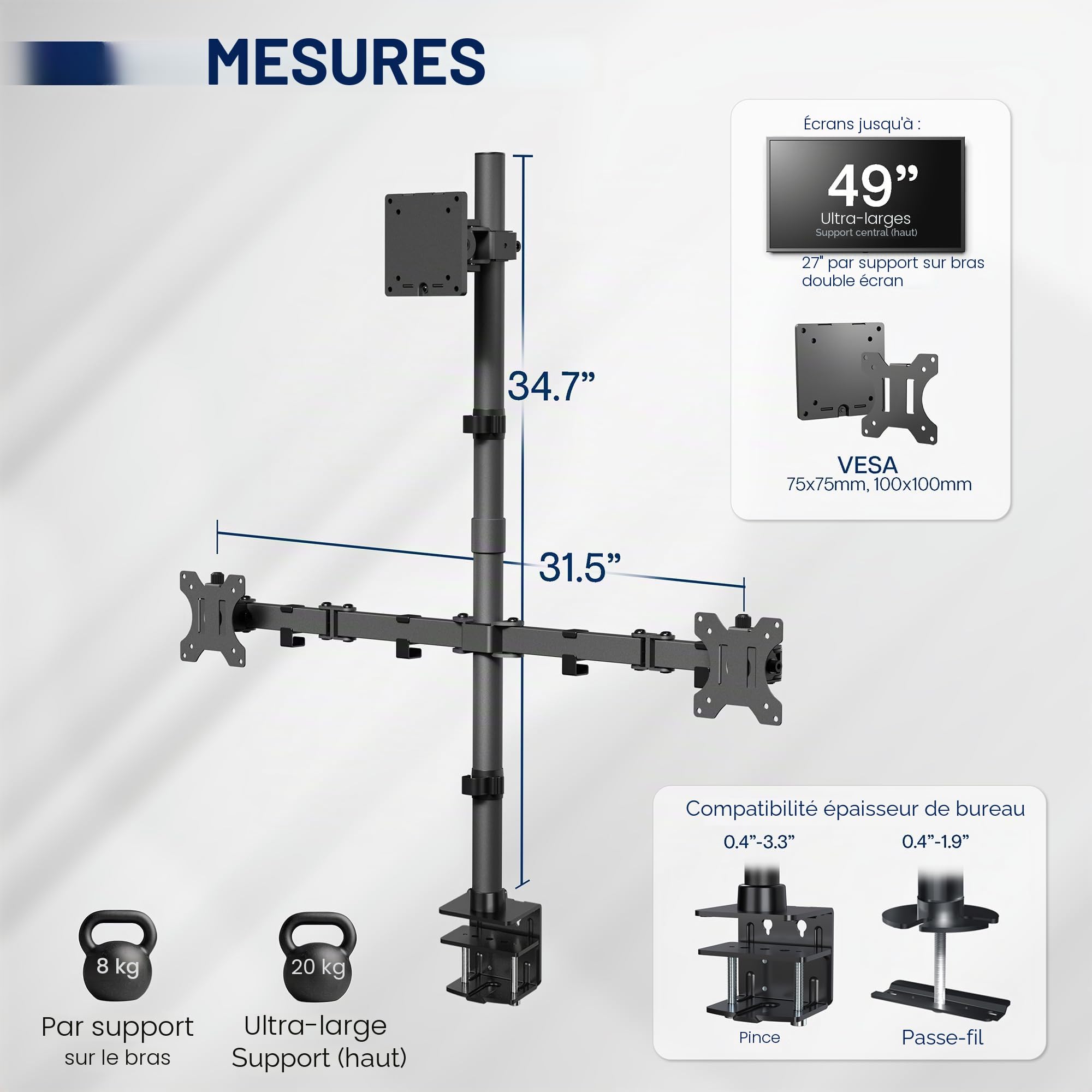 Vivo STAND-V103T Support de Bureau Extra Haut pour écrans jusqu'à 49" sur Support Central et écrans de 27" sur Supports latéraux, Peut Supporter jusqu'à 20 kg, Noir
