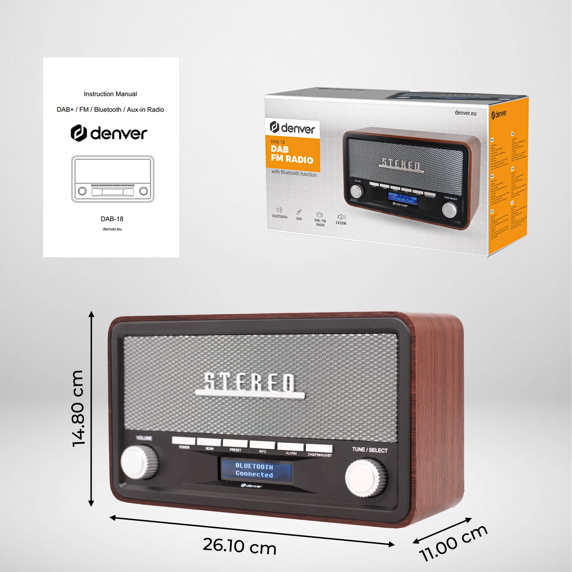 Denver DAB-18 Radio Dab+/FM Bluetooth, AUX, Reloj Despertador, Pantalla LCD, Acabado Madera