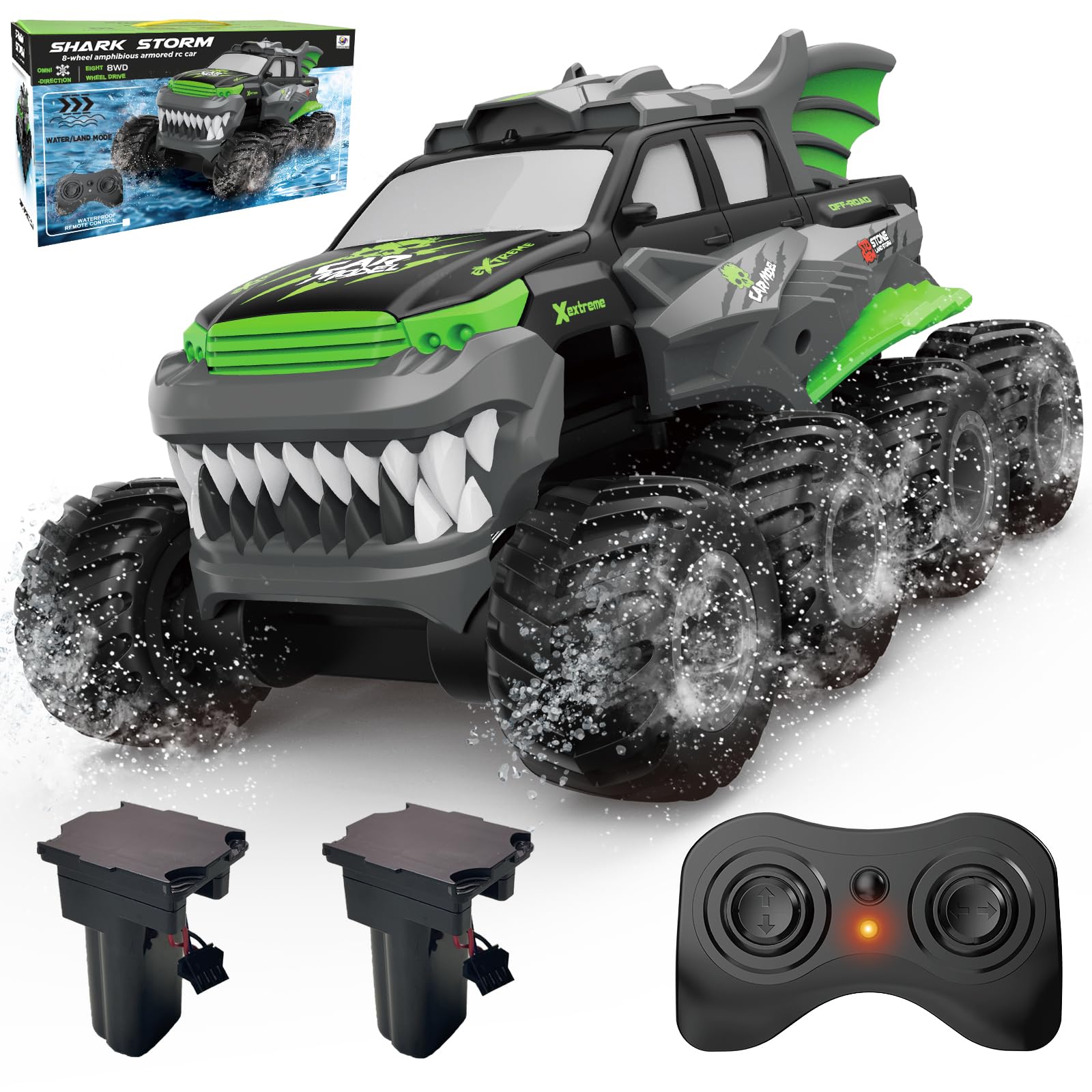 Amphibious Remote Control Car 8WD RC Monster Truck with 2 Rechargeable Batteries for Boys Age 8-12 Offroad Waterproof