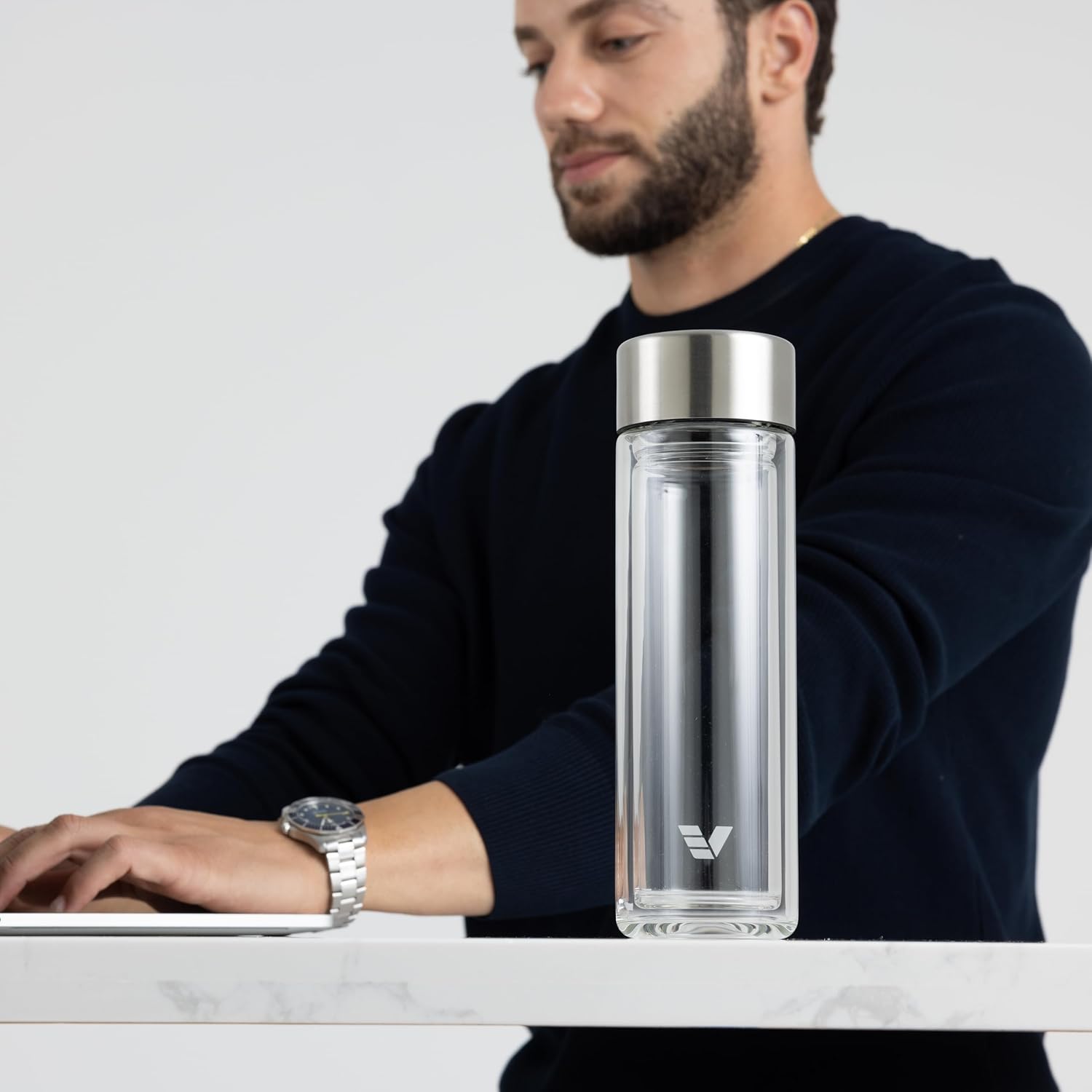 Glass Multi Tea Infuser Bottle 14oz - Double Wall Borosilicate Glass Flask | No Plastic Touches Contents | Perfect for Office or Home - Stainless - Image 5