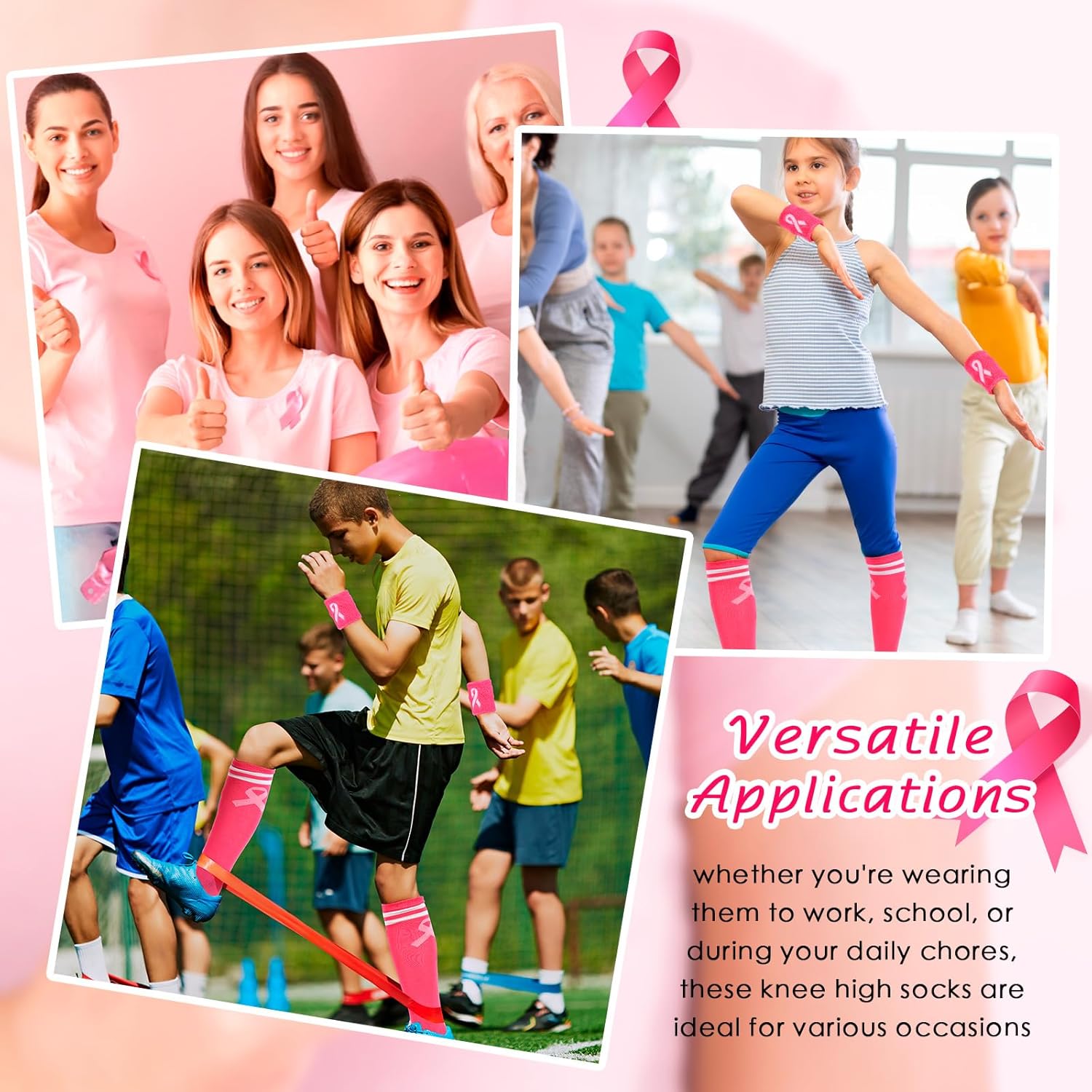 Cumule 20 Pairs Breast Cancer Awareness Crew Socks and Wristbands Bulk Sets 10 Pairs Pink Ribbon Football Socks 10 Pairs Breast Cancer Wrist Sweatbands for Women Girls Sport Gifts