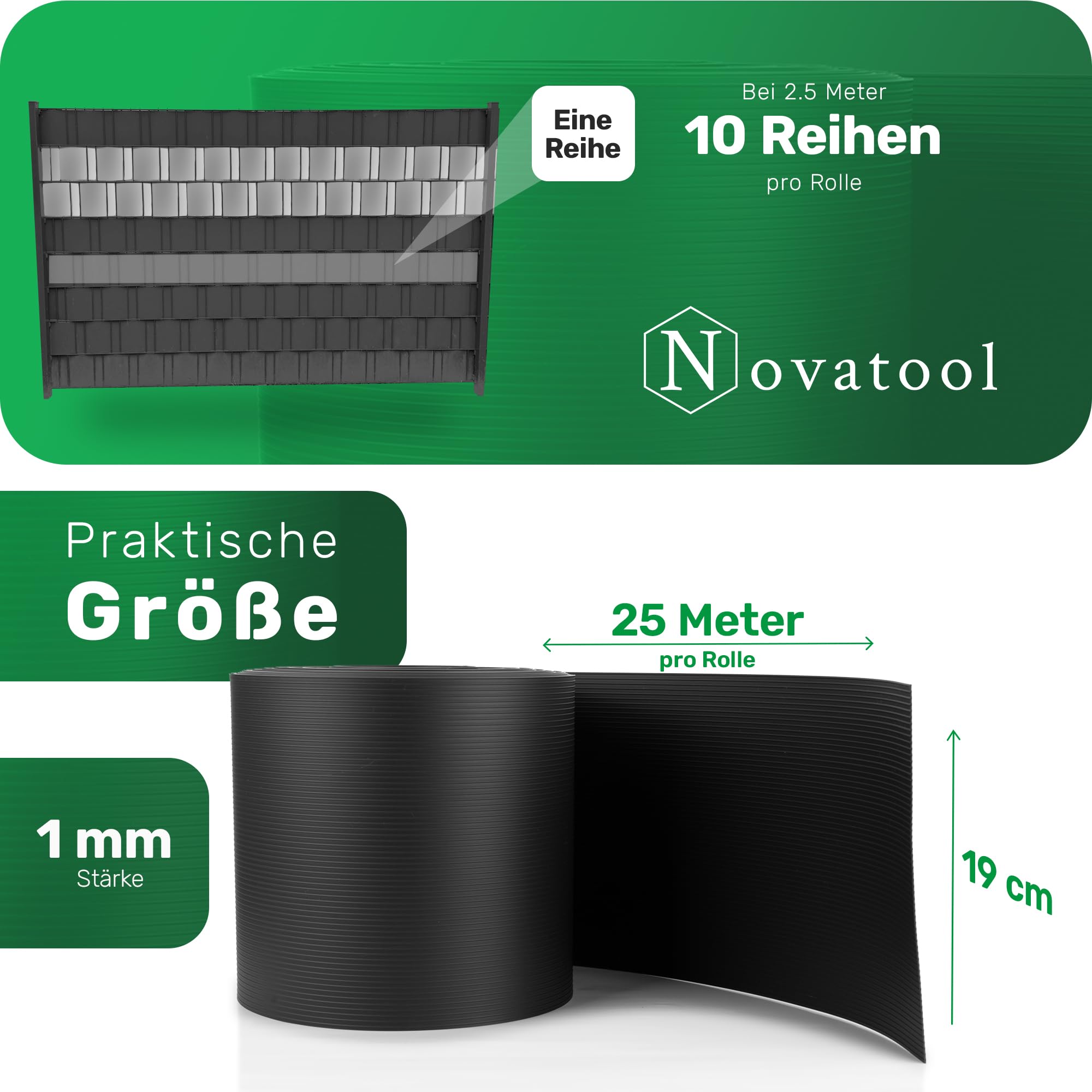 Novatool 25m Rolle PP Premium Sichtschutzstreifen für Doppelstabmatten ANTHRAZIT RAL 7016-19 cm für 10 Reihen Stabmattenzaun Sichtschutzstreifen GRAU mit Rillen Zaunelemente Sichtschutz Qualität