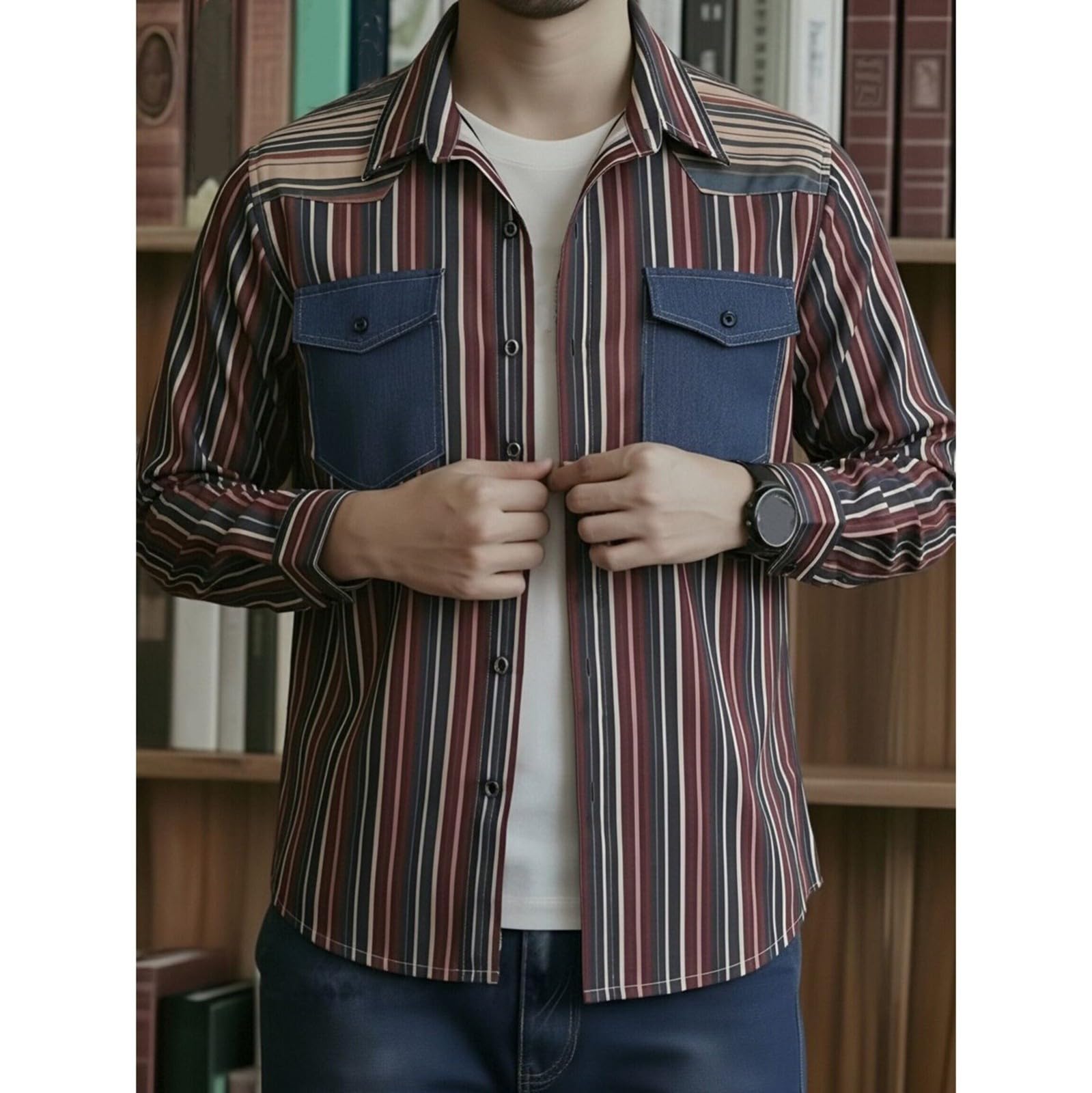 Camicia vintage a maniche lunghe a righe con bottoni, a maniche lunghe, con bottoni, stile retrò, casual, in tessuto morbido per abiti street style