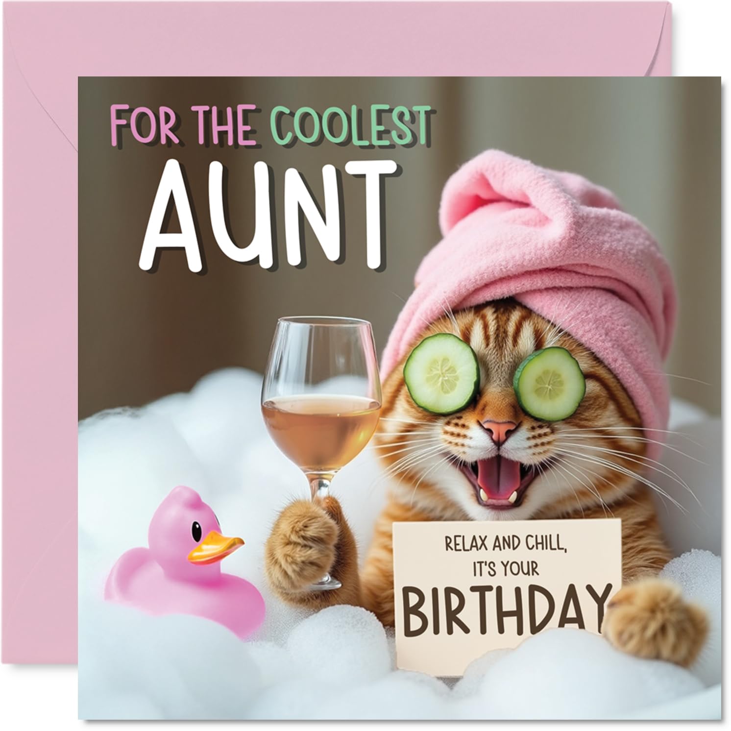 Funny Aunt Birthday Card - Relaxing Bath Cat - Cheeky Happy Birthday Card for Aunt from Nephew Niece, 145mm Joke Humour Bday Greeting Cards