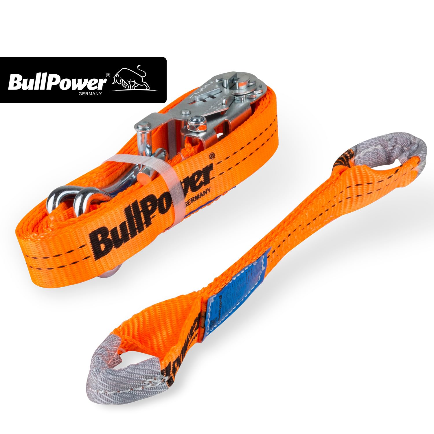 4X BullPower Spanngurte AZG111 - Autotransport PKW Zurrgurte Reifengurte Transportsicherungen 35mm - LC 2000 kg/daN mit Trapezband, Ratsche und Haken