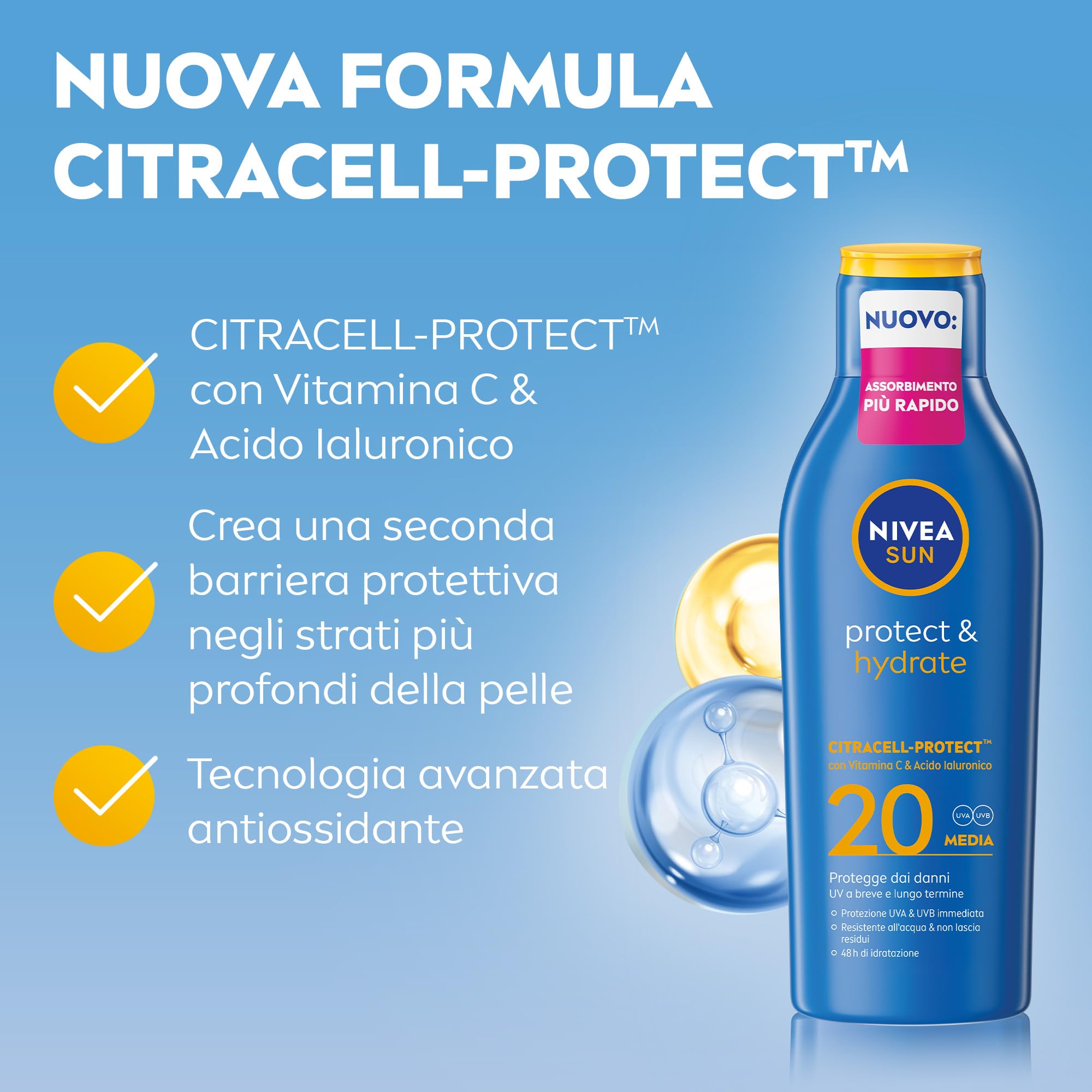 NIVEA SUN Protect & Hydrate SPF 20 200 ml, Crema solare 20 idratante 48h ad assorbimento rapido, Protezione solare 20 resistente all'acqua arricchita con Vitamina C e Acido Ialuronico