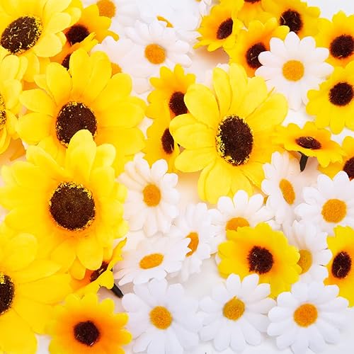 JOHOUSE 200 margaritas artificiales de seda y 220 cabezas de girasol artificiales cabezas de flores de crisantemo artificiales y cabezas de girasol
