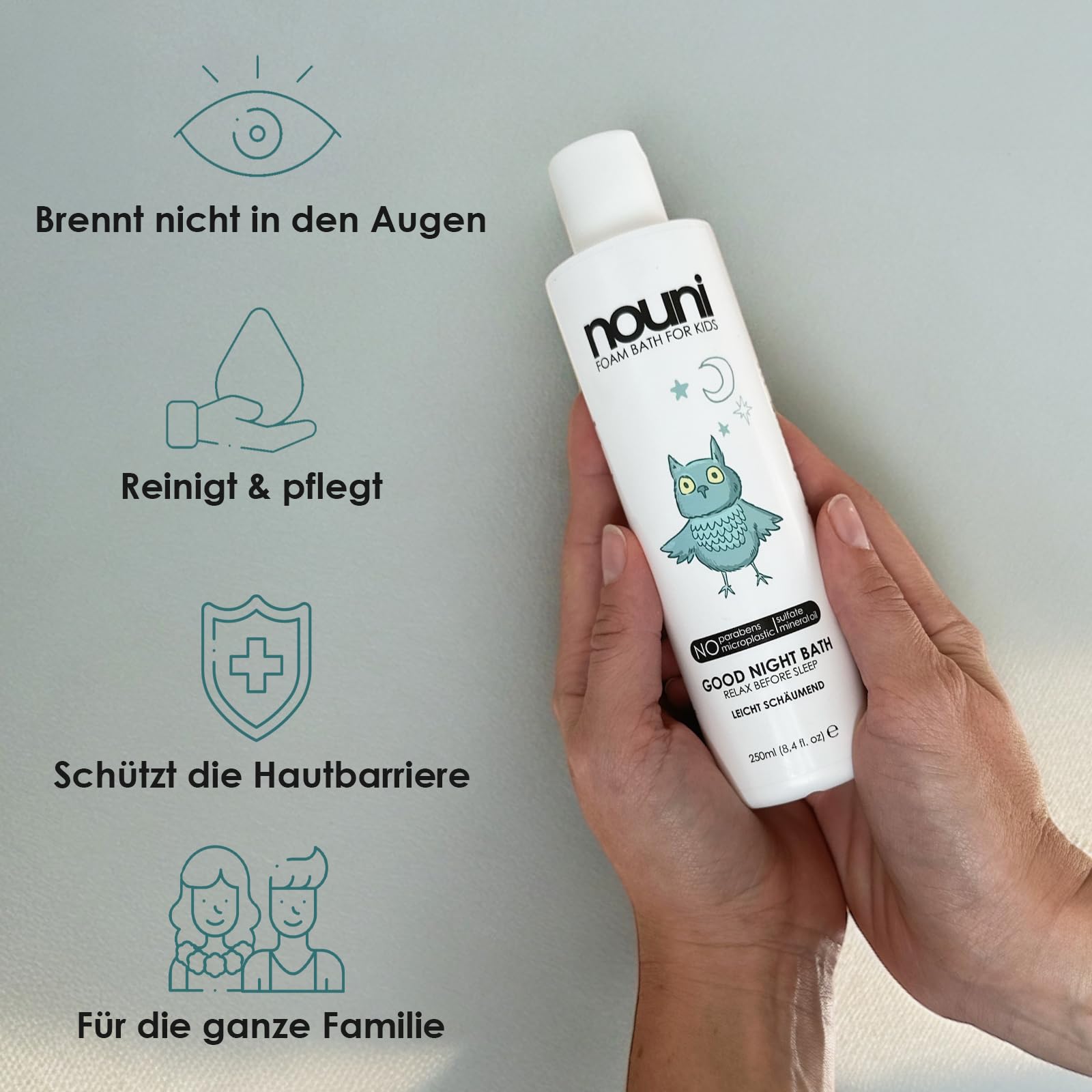 Waschgel, Shampoo & Badeschaum für Kinder – Ohne Parabene, Mikroplastik, Sulfate & Silikone – Beruhigt zarte Haut, mild zu den Augen & sensitiv – Unbedenklich für Körper, Gesicht & Haare | nouni