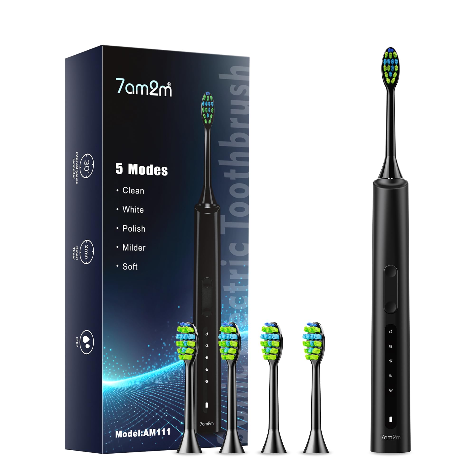 7AM2M Sonic Electric Toothbrush, High Power Rechargeable Toothbrushes, 5 Modes with 2 Minutes Built in Smart Timer, with 4 Brush Heads for Adults and Kids, One Charge for 60 Days (Black)