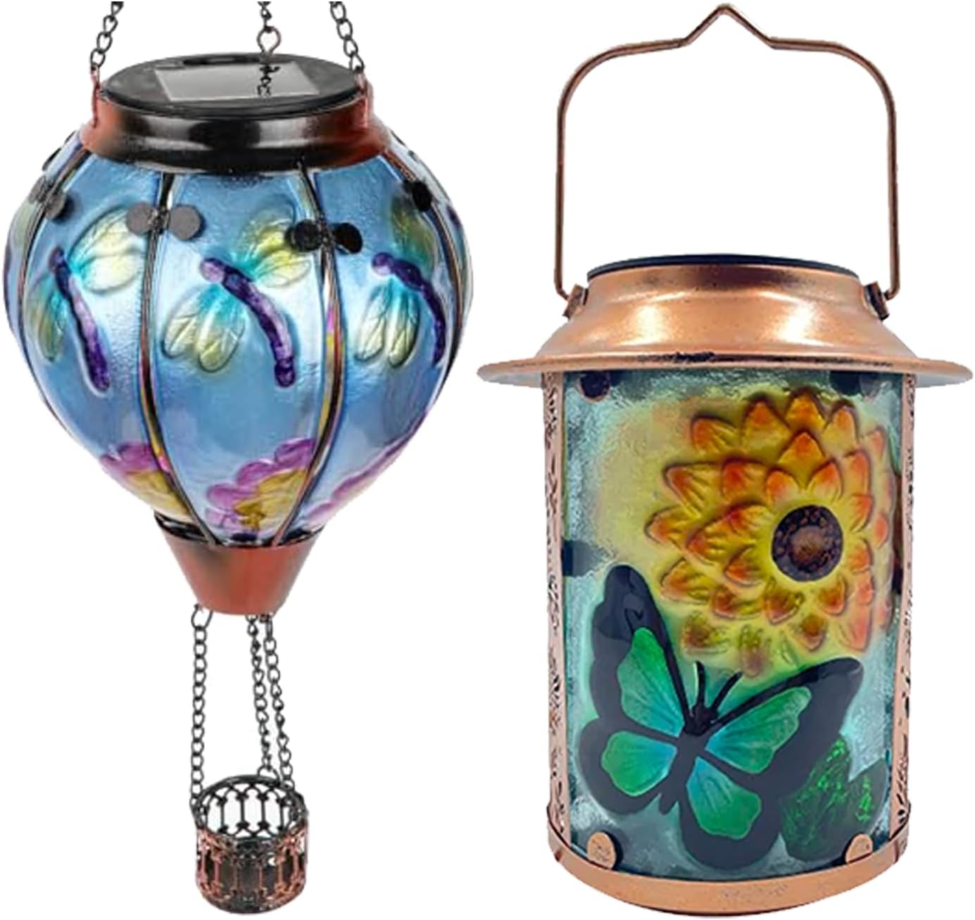 18" H Dragonfly Glass Solar Hot Air Balloon Lantern + 10" H Sunflower Butterfly Solar Lanterns Hanging Garden Light Outdoor Waterproof for Yard Patio Tree Christmas Gifts