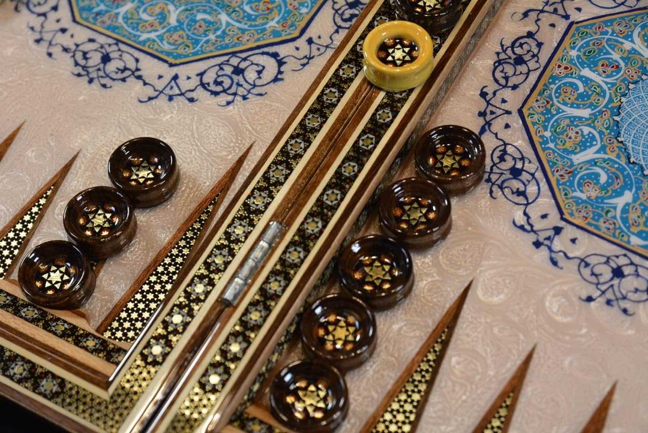 Collection d'échecs de backgammon - Fabriqué à la main en bois avec motif marqueterie et peint à la main avec motif floral - Avec mallette de protection, dés et pions - 50 x 50 x 3,5 cm (motif floral
