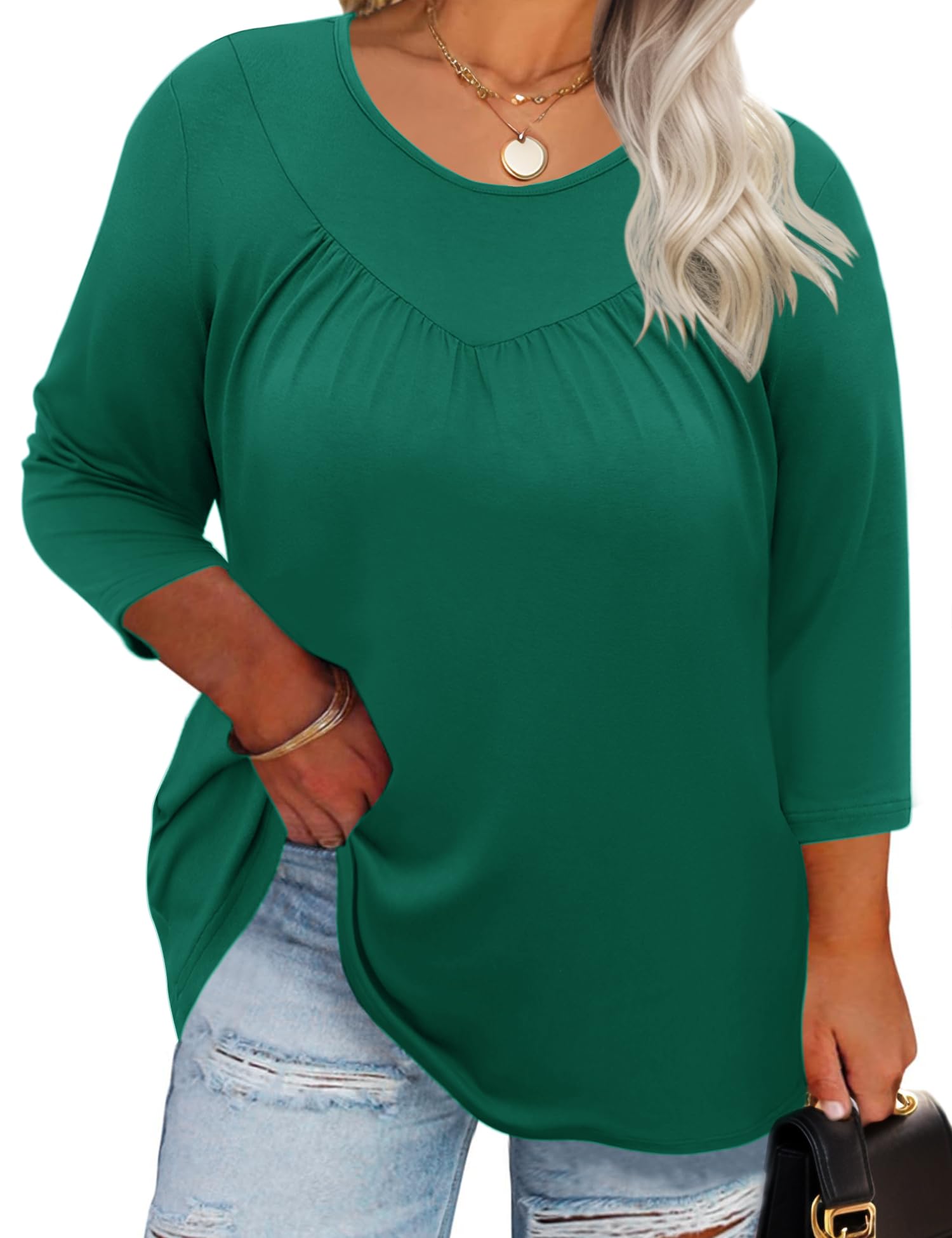 TFSDOD Womens Plus Size Tops 3/4 Length Sleeve Blouses Crew Neck Shirts Casual Loose Tunic Tops 1X-5X