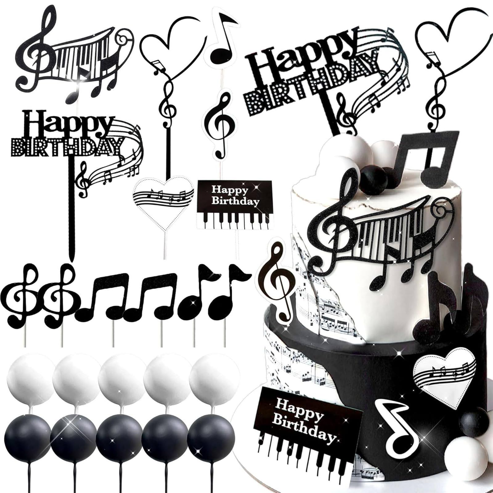 Music Theme Birthday Cake Topper - 23-Piece Elegant Cake Decorations Set for Adult Party with Foam Balls, Piano & Musical Notes - Easy Assembly for Anniversary & Celebration