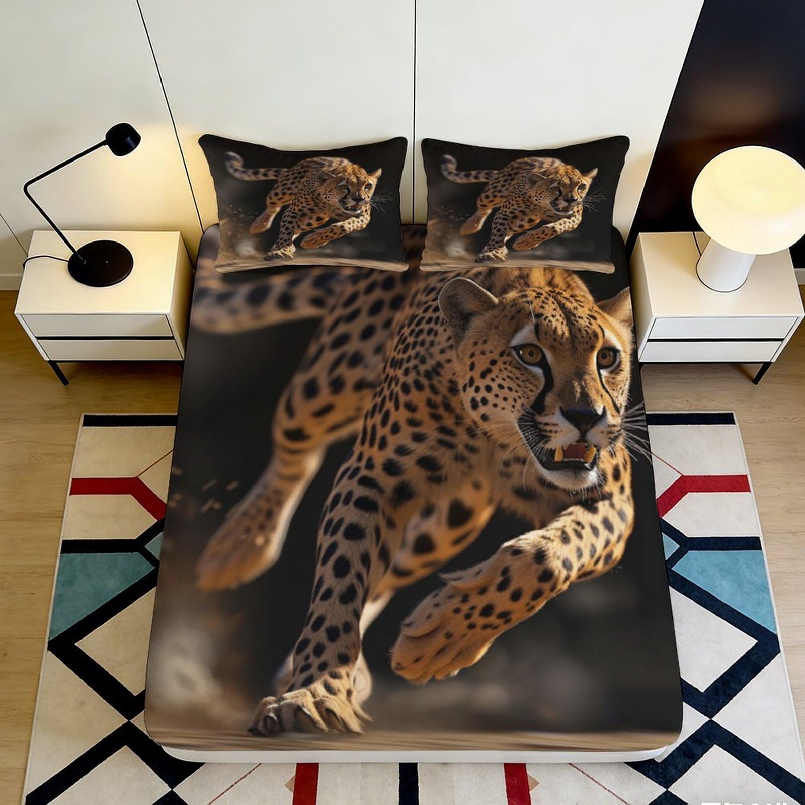 3D Printed Cheetah Fitted Sheet Microfiber Soft Breathable Leopard Mattress Cover for Bedroom Dormitory Guest Room Protection Decor 200x200x25cm