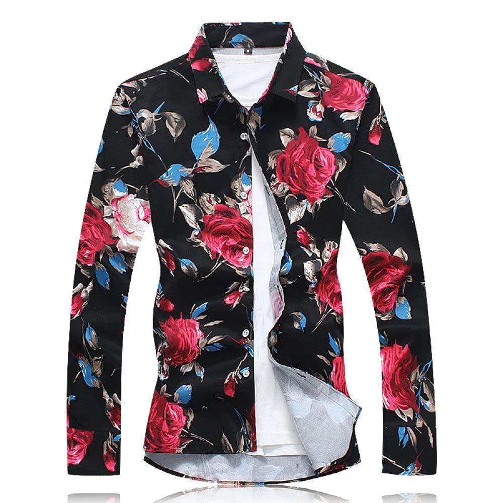 HGJH Hawaii Hemd Männer, Herrenhemd Große Größe Rote Rosen Blumenblätter Druck Hawaiihemd Kuba-Kragen Schwarze Lange Ärmel Button Down Weiches Strandhemd Henley-Hemd Für Männer Jungen