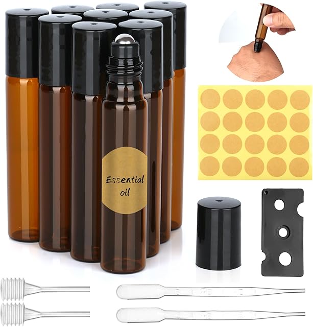 Essential Oils Roller Bottles, 10pcs Roll on Bottles with Stainless Steel Ball, 10ml Glass Roller Bottles with Bottle Opener, Dropper, Pipette, Label for Essential Oil, Fragrance, Aromatherapy (Brown)