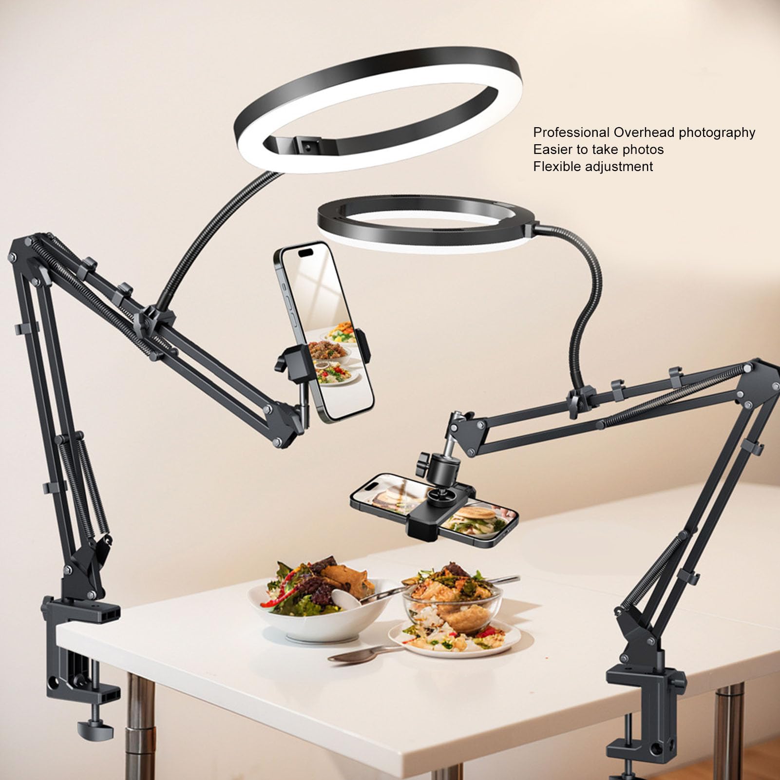 10 Ring Light with Overhead Phone Mount, Flexible Articulating Arm LED Selfie Light with Stand and Phone Holder, LED Desk Ring Light with Clamp for Video Recording Live Streaming
