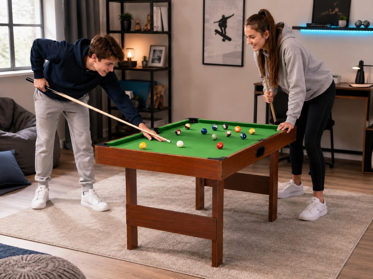 Spieltisch für Zuhause, Freizeittisch, Tischspiel, Tischkicker, Kickertisch, Tischfußball, Billardtisch, Poolbillard Multigame Tisch mit Zubehör für Hobbyraum und Spielzimmer