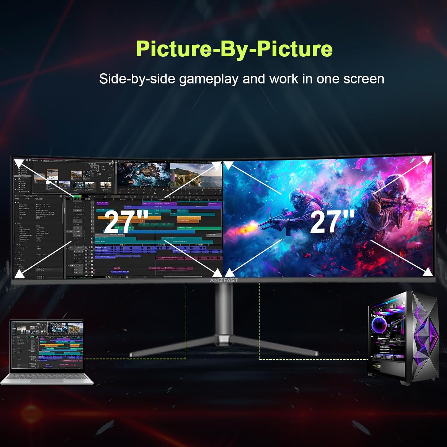 Amzfast 49 Inch Curved Monitor displaying two separate inputs side-by-side using Picture-by-Picture (PBP) mode