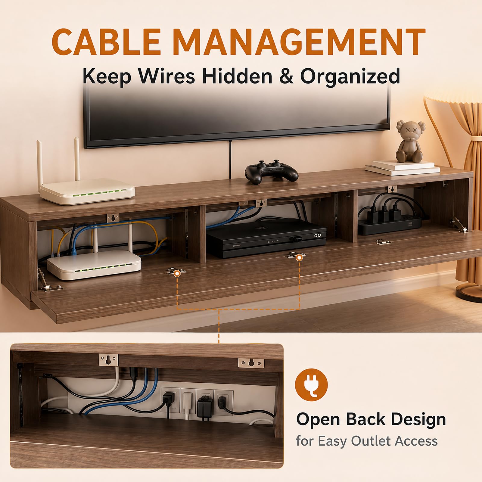 TV Lowboard hängend Braun 240 cm lang, Breite 30 cm – fertig montierter TV Schrank zur Wandmontage mit 2 Schubladen & 2 Türen, 2 seitlich öffnendes Seitenfach, für Wohnzimmer & Schlafzimmer