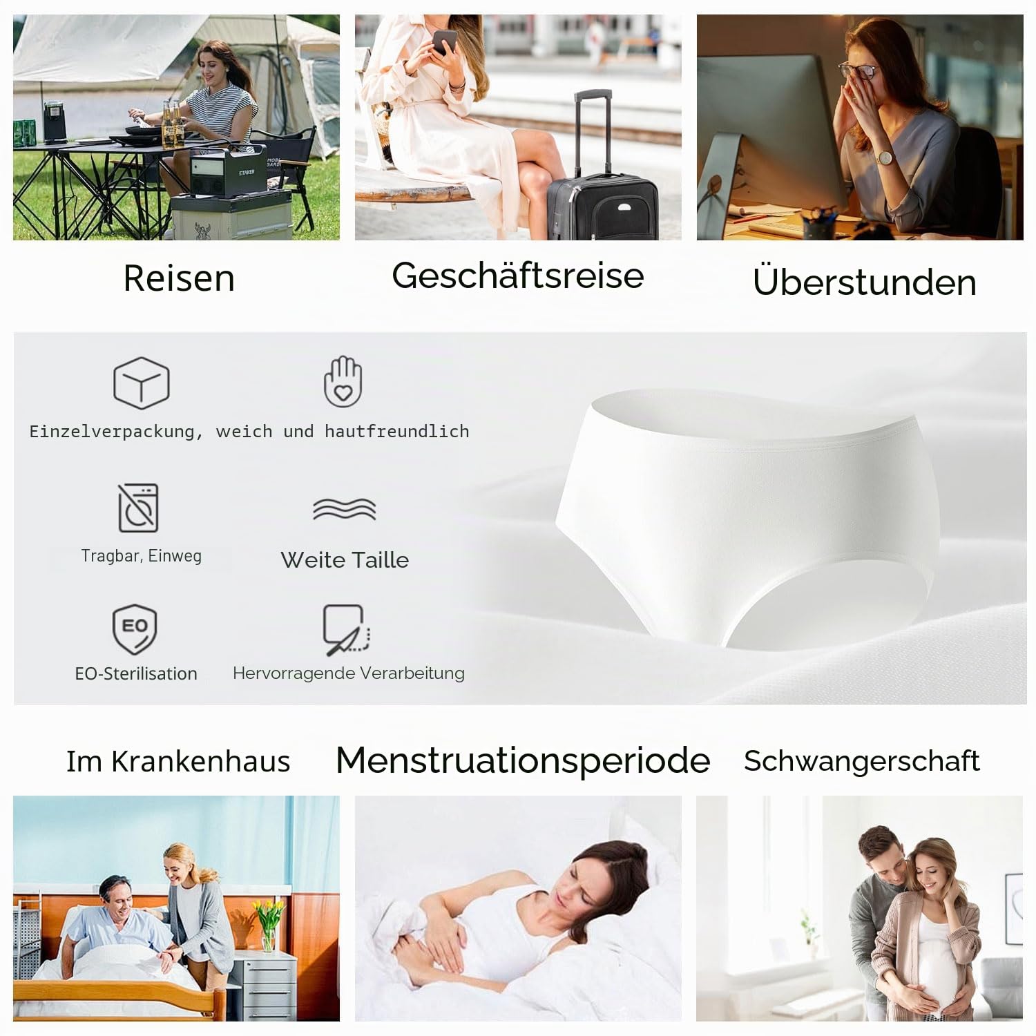 Einweg-Unterwäsche für Damen, mittlere Taille, handliche Höschen, Hotel, Spa, Krankenhausaufenthalte, Notfälle, Weiß