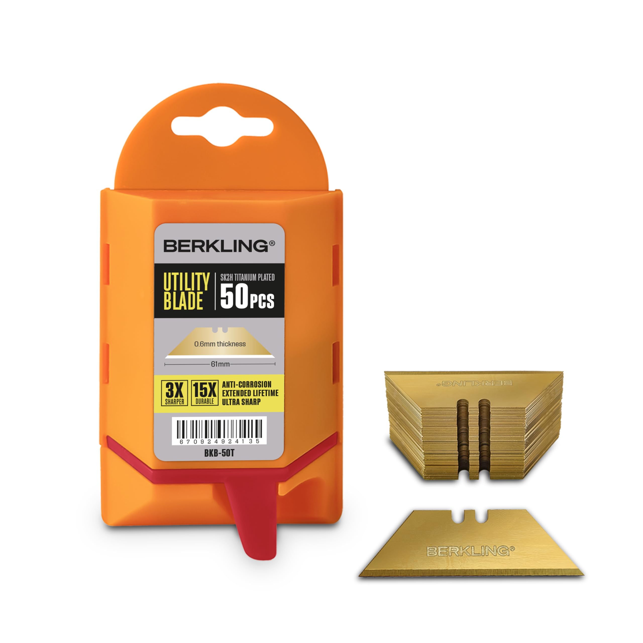 Utility Knife Blades Titanium Fully Plated 50-Pack With Dispenser, SK2H Laser Sharpened Hardened, Ultra 3X Sharper and 15X More Durable, Standard T-Shape for Most of Cutters & Knives