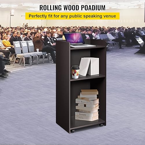 Miniatura 2 de VEVOR Podio de madera, 23.6 x 47.2 pulgadas, atriles y podios con 4 ruedas rodantes, superficie plana, placa deflectora y estante, atriles de ébano