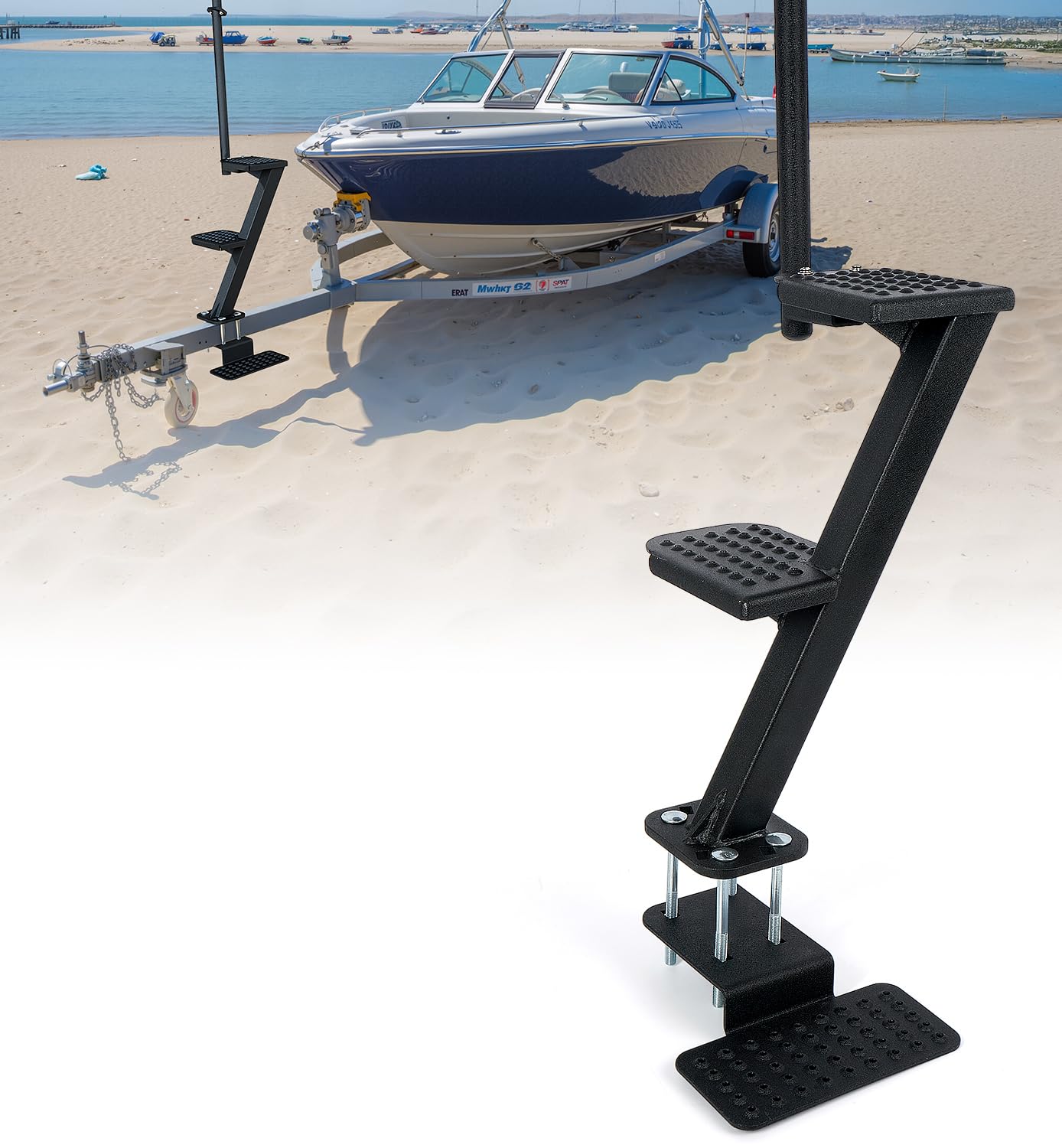 Heavy-Duty Boat Trailer Steps with Handle, Non-Slip Surface, Universal Fits for Trailers Tongue Step, Patent Pending, 3 Steps