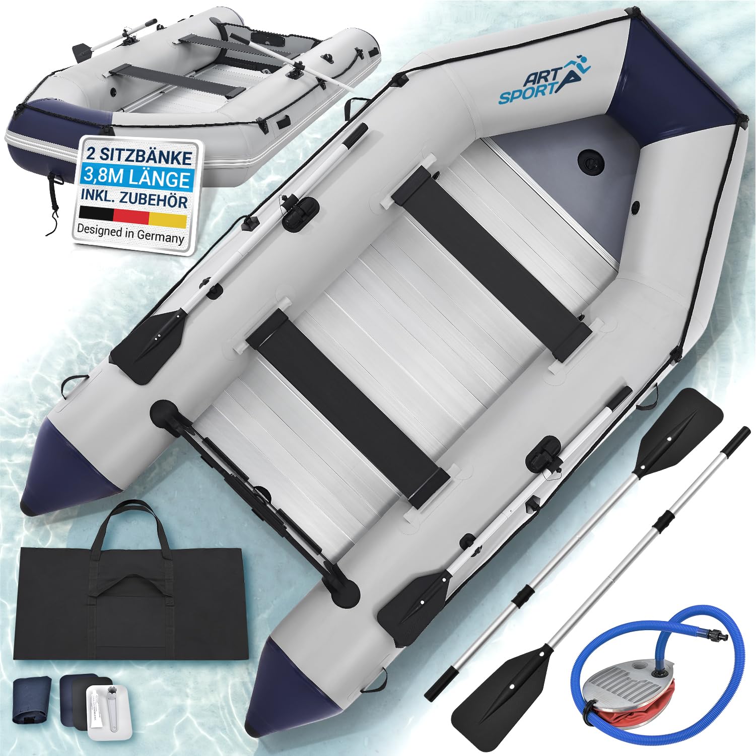 ArtSport Schlauchboot 3,80 m für 6 Personen mit 2 Sitzbänke & Aluboden - Paddelboot mit Paddel, Pumpe, Tasche & Reparaturset - Angelboot aufblasbar