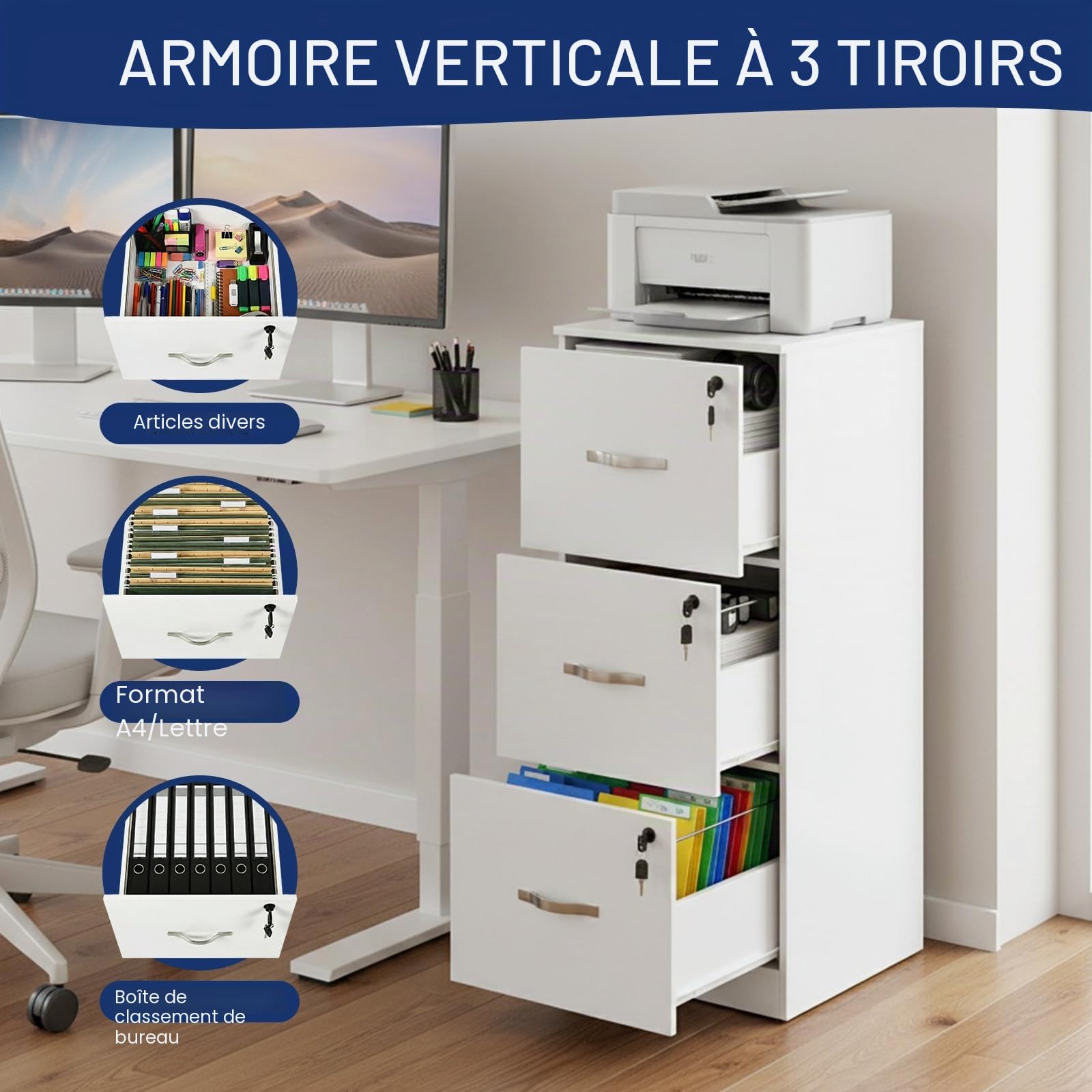 Caisson de Rangement, Meuble Bureau 3 Tiroirs, Verrouillable Armoire Meuble de Rangement Bureau 103.5 cm Hauteur pour Dossiers Suspendus, Papier Administratif, Imprimante, Format A4, Blanc