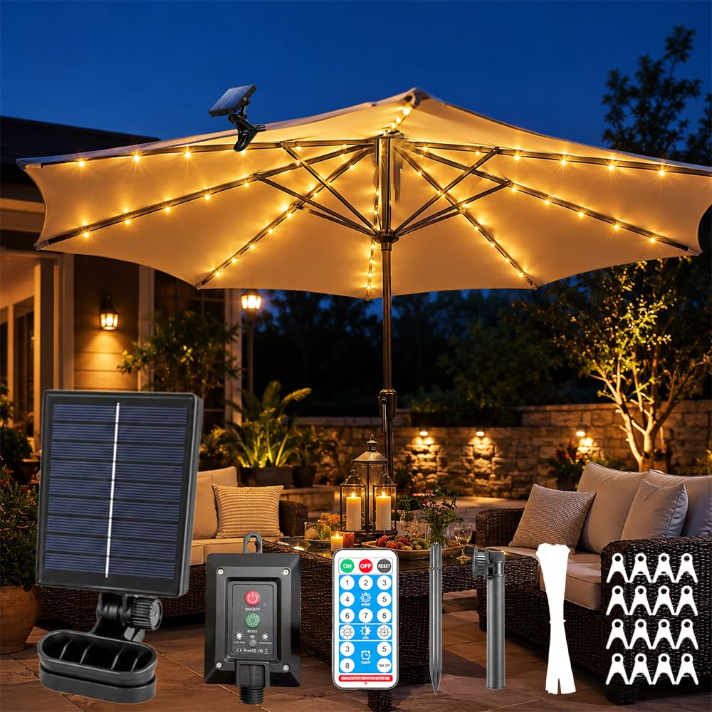 Illuminazione solare per ombrellone, con 104 LED e 8 modalità, telecomando e clip, catena luminosa impermeabile, per campeggio, tenda esterna