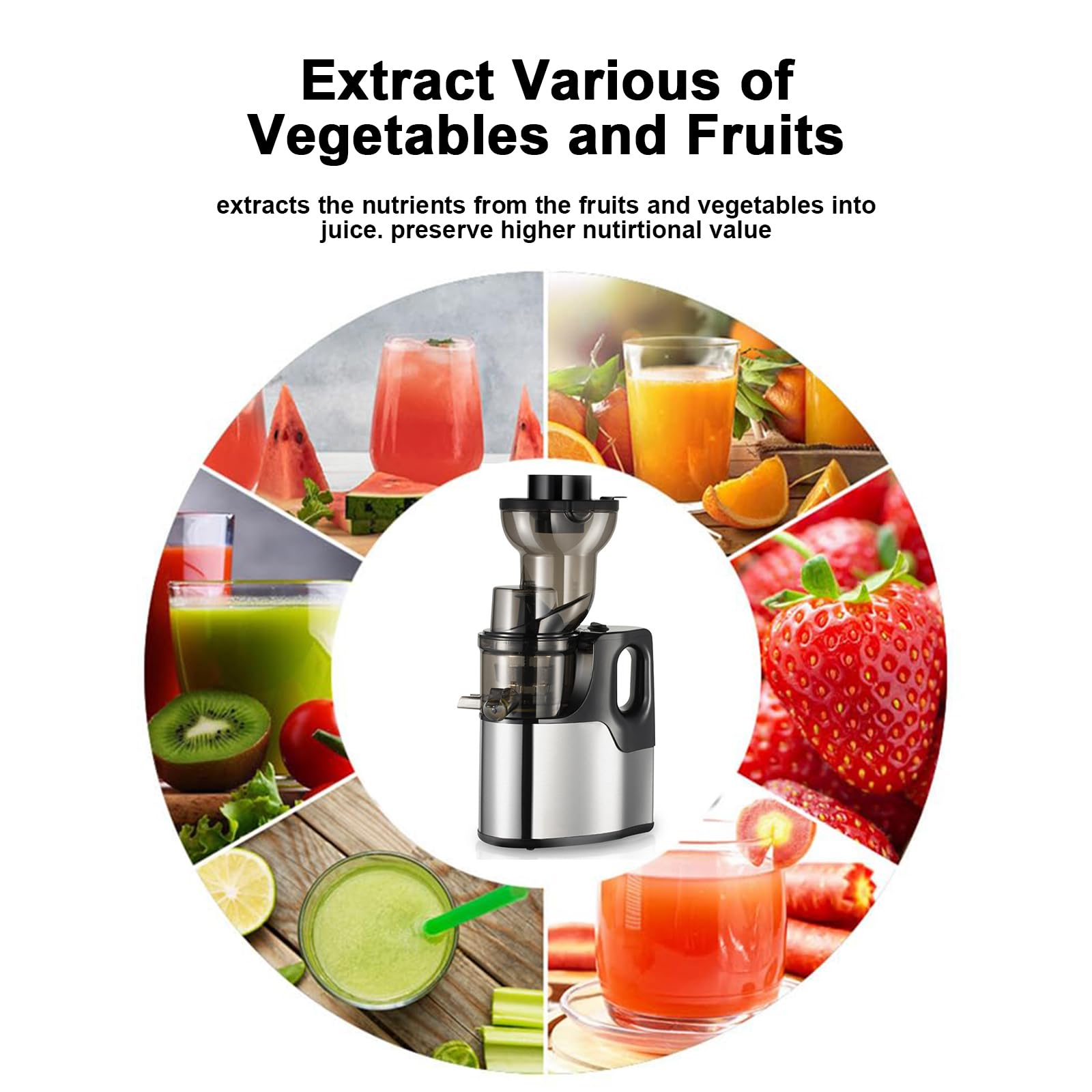 Estrattore di succo a freddo da 150 W, estrattore di succo a masticazione lenta con tramoggia di alimentazione da 75 mm, estrattore di succo elettrico per frutta e verdura, estrattore di succo porta