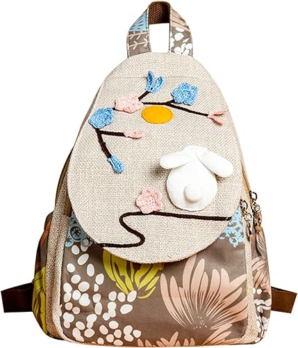 Vista 58 de HUANGGUOSHU Mujer de algodón tejido bohemio cáñamo Boho lona bordado múltiples bolsillos retro linda mochila cartera mochila mochila gato caprichoso