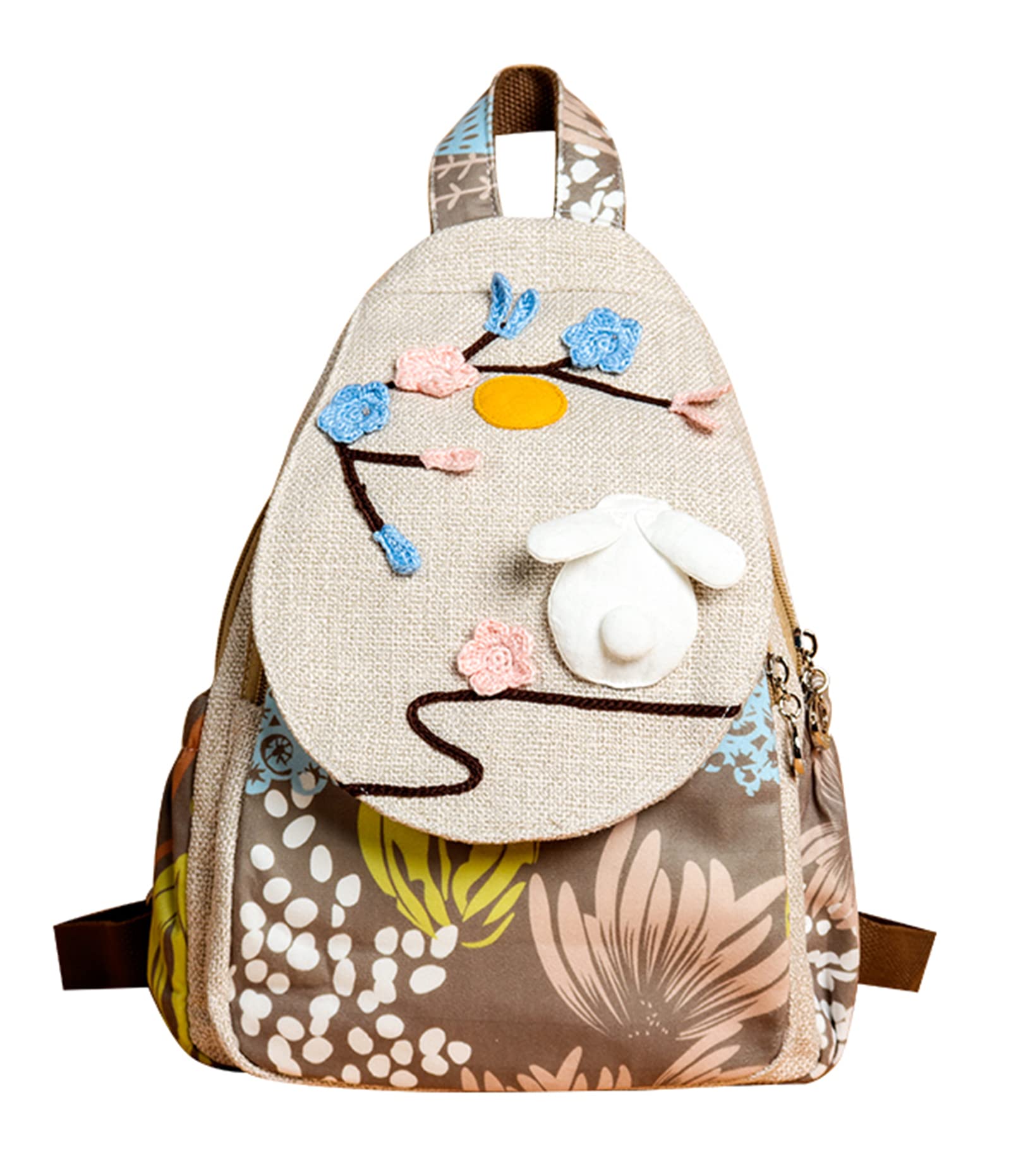 HUANGGUOSHU Women Cotton Woven Bohemian Hemp Boho Canvas Embroidery Multi Pocket Retro Cute Backpack Wallet Backpack White rabbit