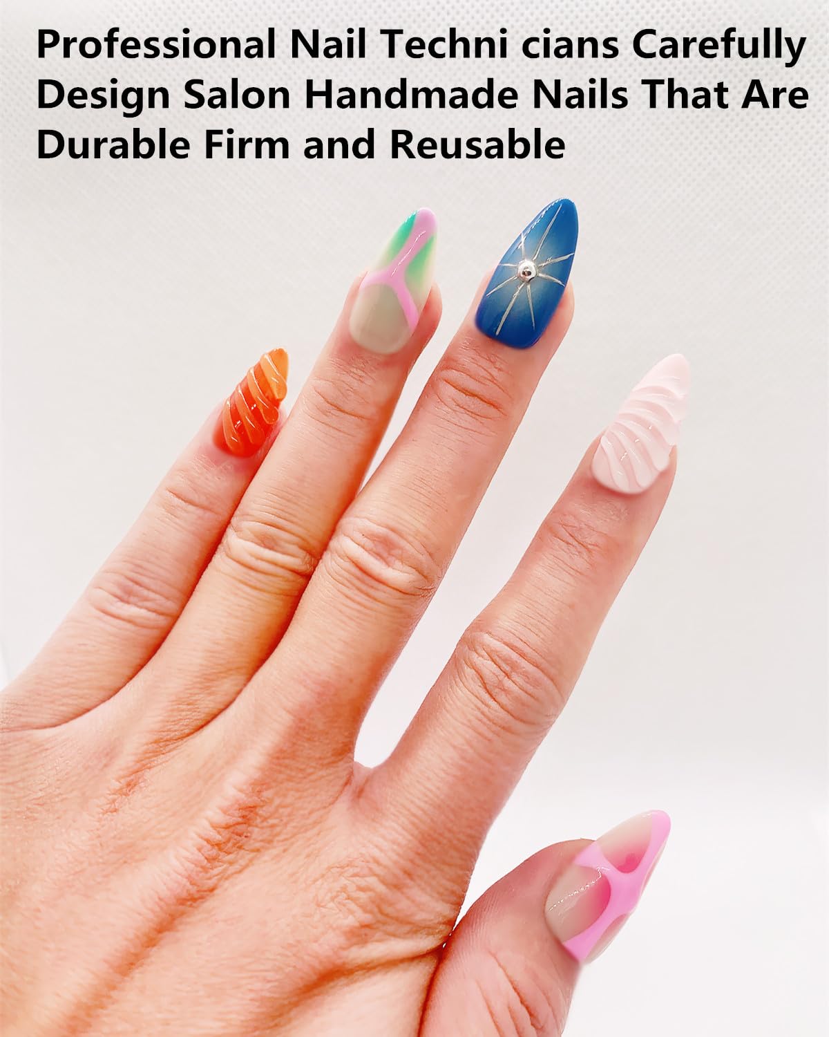 CAMILCY Press on Nails Handmade Nails Luxury Reusable Fake Nails For Girls Short Almond Armor Colorful Blue Diamonds HandPainted Salon Loveful Design Acrylic Gel UV Finished For Women 3D Nails 10PCS L